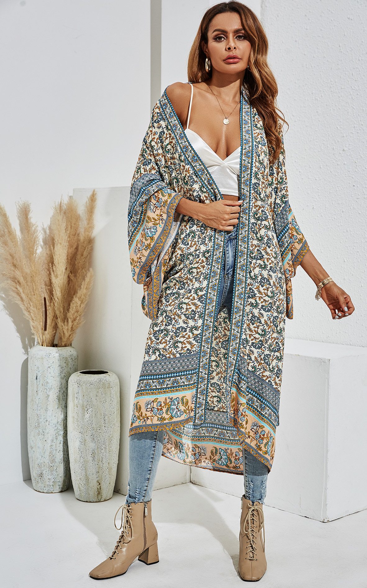 FS Collection Blusenkimono Luftiger Blusenkimono mit Bindegürtel - Lässiger Baumwollkimono (XS (EU:36 / UK:8) · S (EU:38 / UK:10) · M (EU:40 / UK:12) · L (EU:42 / UK:14) · XL (EU:44 / UK:16, 2 Farben : Blau und Rosa) 100 % Baumwolle – weich, atmungsaktiv & hautfreundlich - Boho-Style