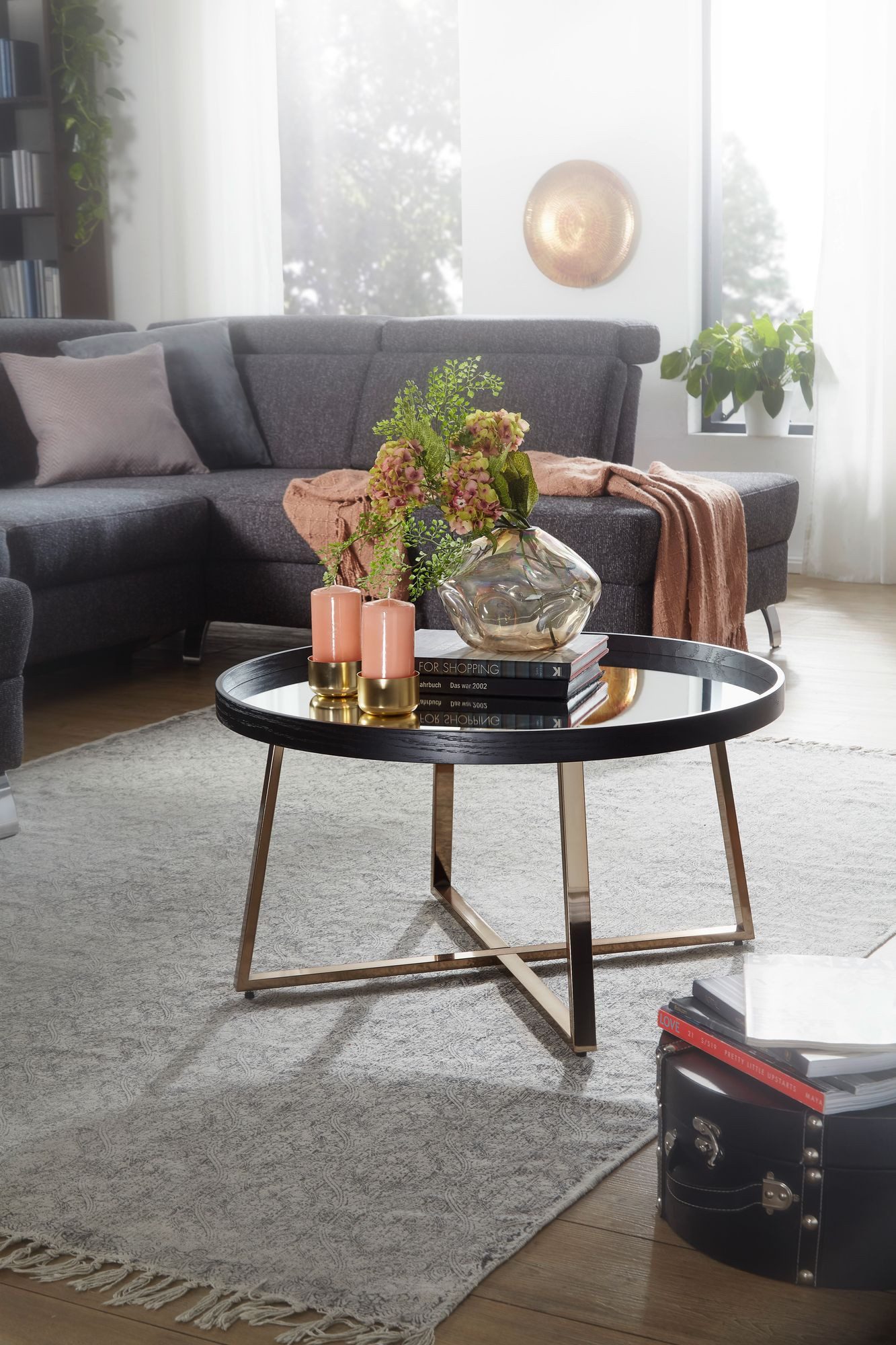 Wohnling Couchtisch WL6.002 Rund Gold Wohnzimmertisch Spiegel Glas Beistelltisch Schwar (Rund Ø 78 cm Dunkel-Gold mit Spiegel Glasplatte), Beistelltisch, Wohnzimmertisch mit Metallbeine