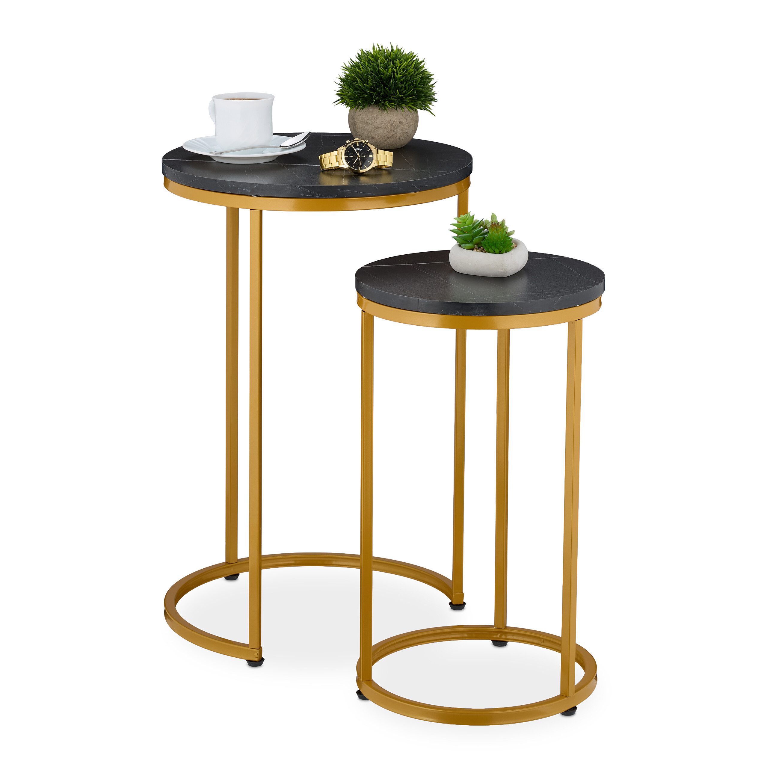 relaxdays Satztisch 2er Set Marmoroptik & Metall, Schwarz-Gold günstig online kaufen