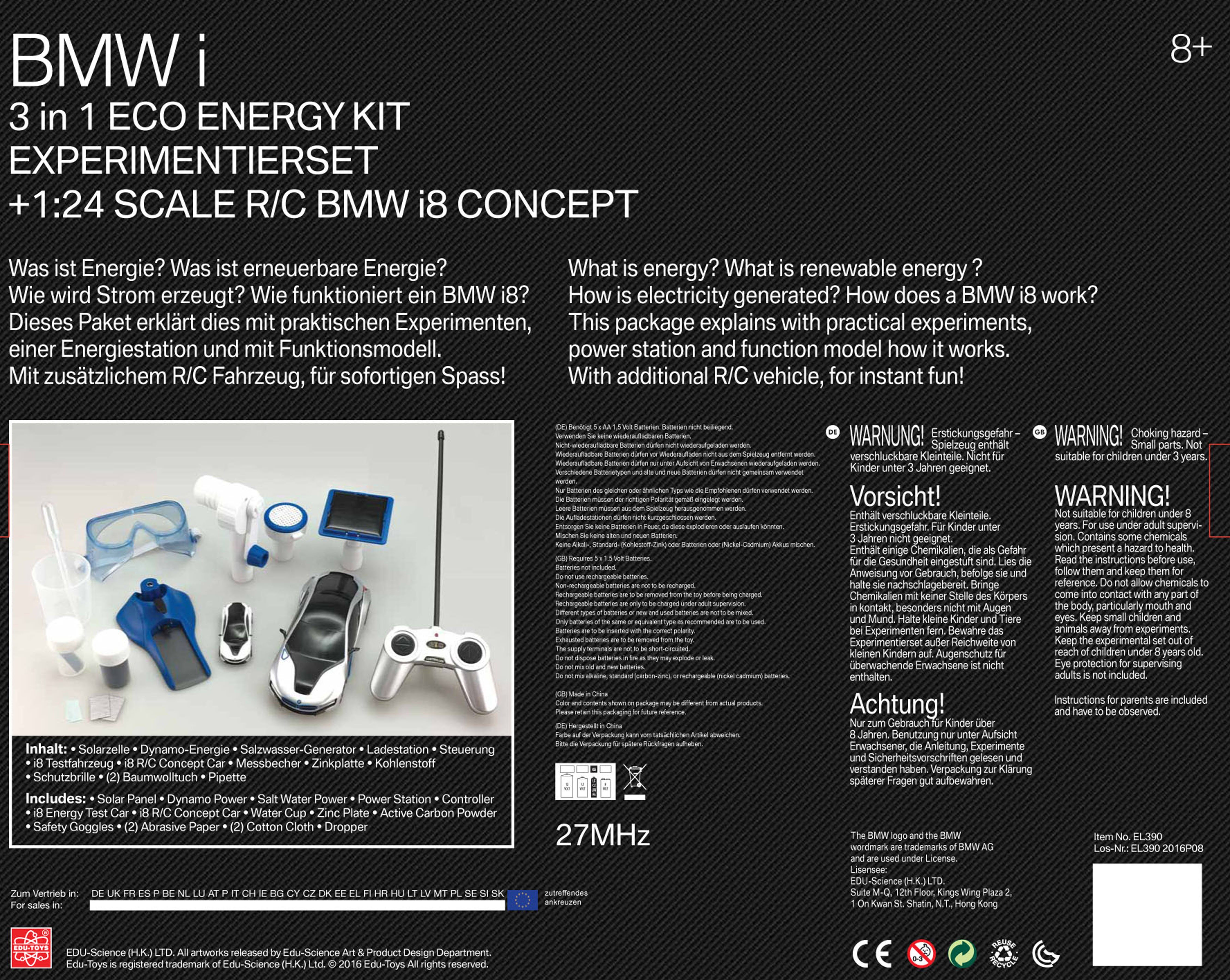 Edu-Toys Green Energy Experiment Kit BMW i RC Car Test Vehicle Dynamo Solar Hydropower (complete experiment set, 18 pieces, What is renewable energy? How does a BMW i8 work?), licensed product of the BMW Group