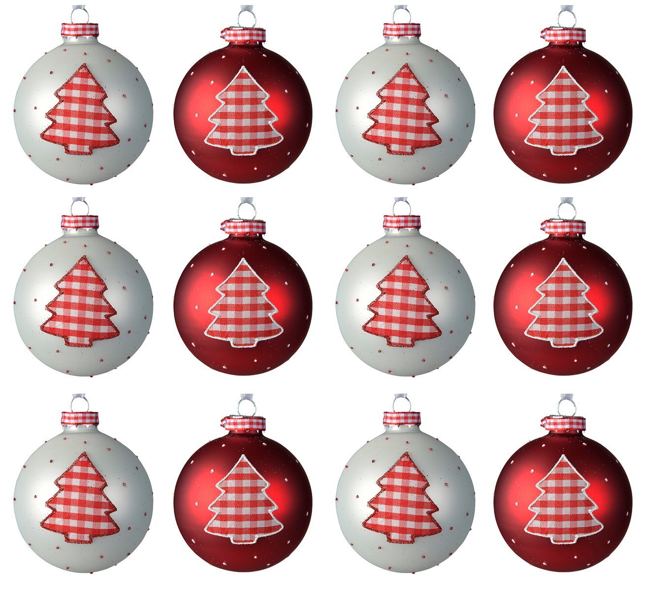 Decoris season decorations Weihnachtsbaumkugel, Weihnachtskugeln Glas 8cm mit Tannenbaum Motiv 12er Set rot / weiß