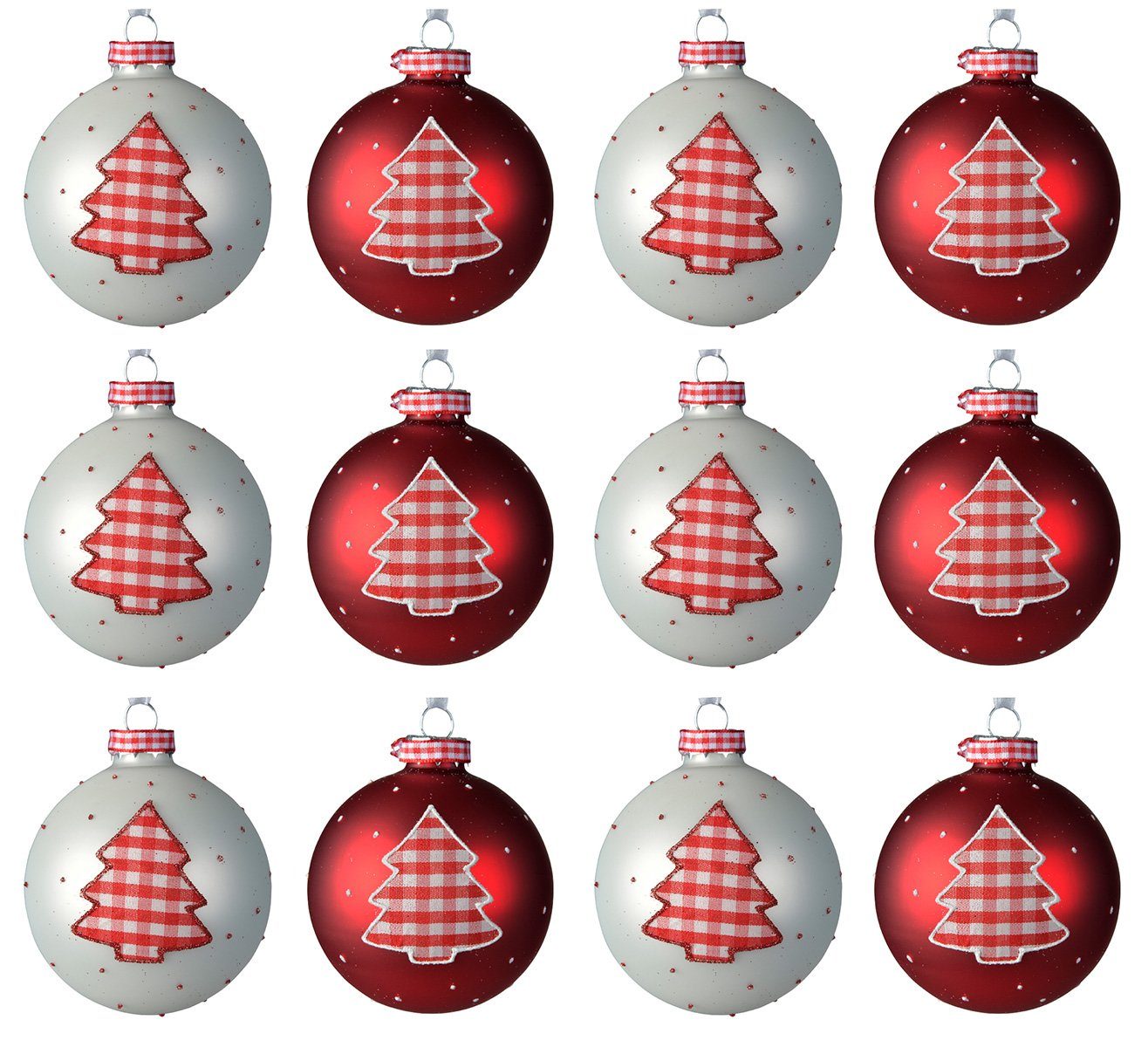 Kaemingk Weihnachtsbaumkugel, Weihnachtskugeln Glas 8cm mit Tannenbaum Motiv 12er Set rot / weiß