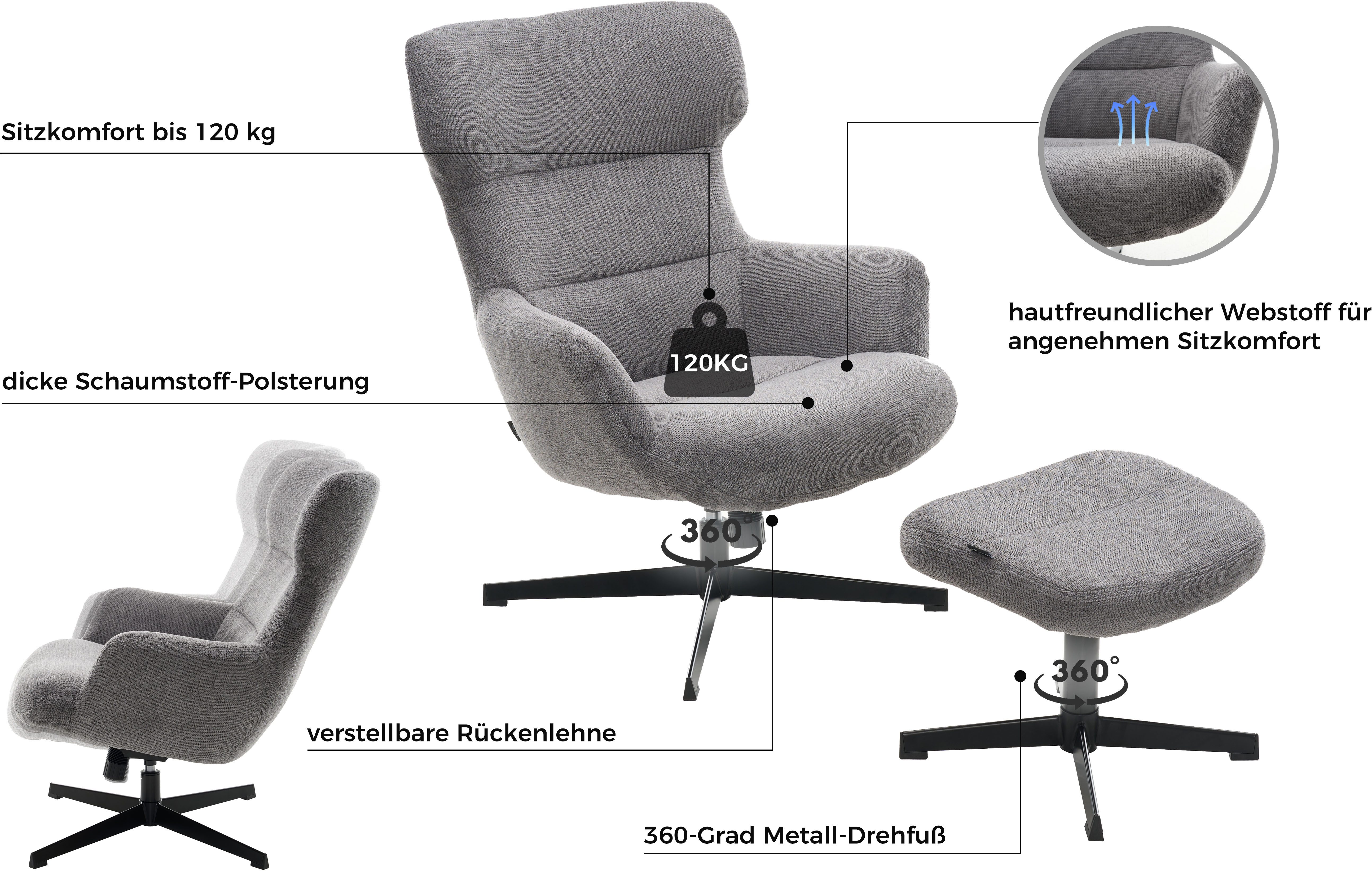 Home affaire Sessel Clarah Relaxsessel, TV-Sessel mit Hocker, 360° Grad drehbar