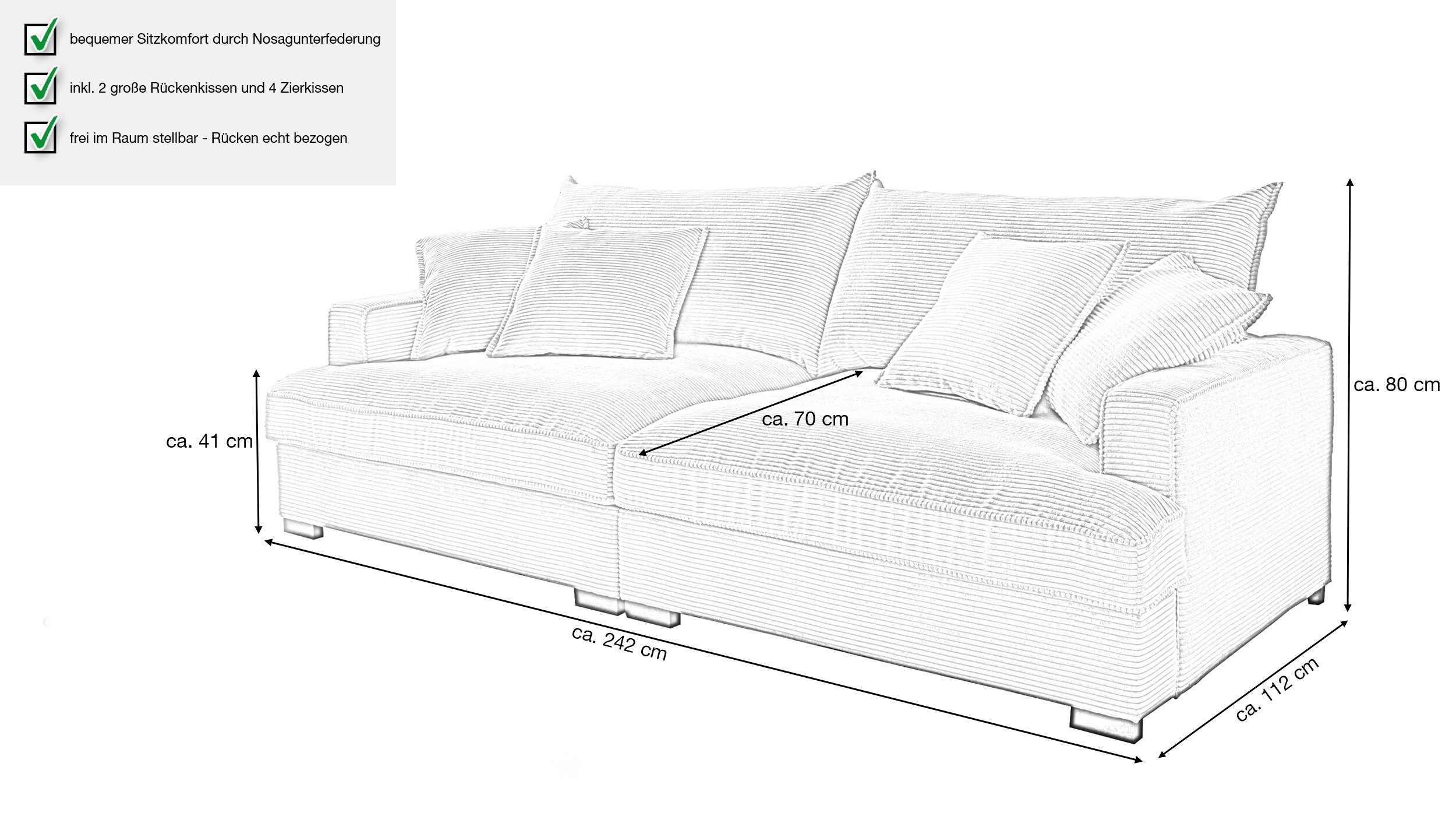 Massivart® Big-Sofa TRIBECCA Cord beige 242 cm / 4-Sitzer, Cordsofa / Nosagunterfederung / 2 Rücken- und 4 Zierkissen