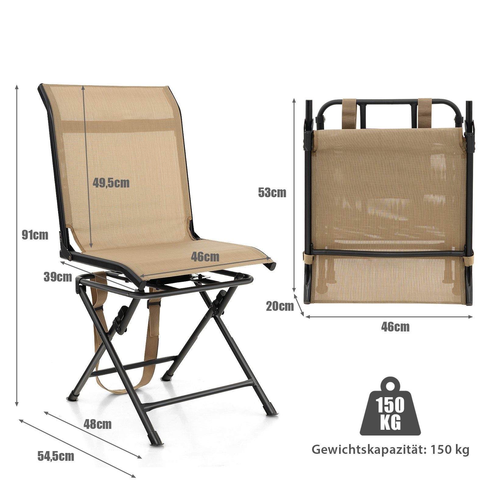 faltbar, bis Grad COSTWAY Campingstuhl, drehbar, Angelstuhl 150kg Braun 360