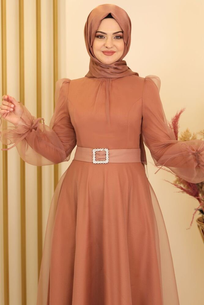 Hijab Damen langärmliges Abendkleid Modavitrini Abaya Abiye Mode Maxikleid Gürtel Camel Kleid mit