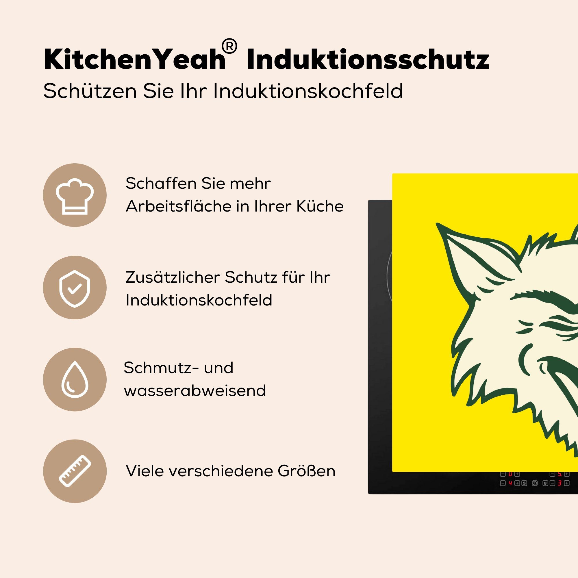 MuchoWow cm, tlg), Wolf Vinyl, Ceranfeldabdeckung Mobile - - Arbeitsfläche nutzbar, Gelb (1 60x52 Herdblende-/Abdeckplatte Raubtier,