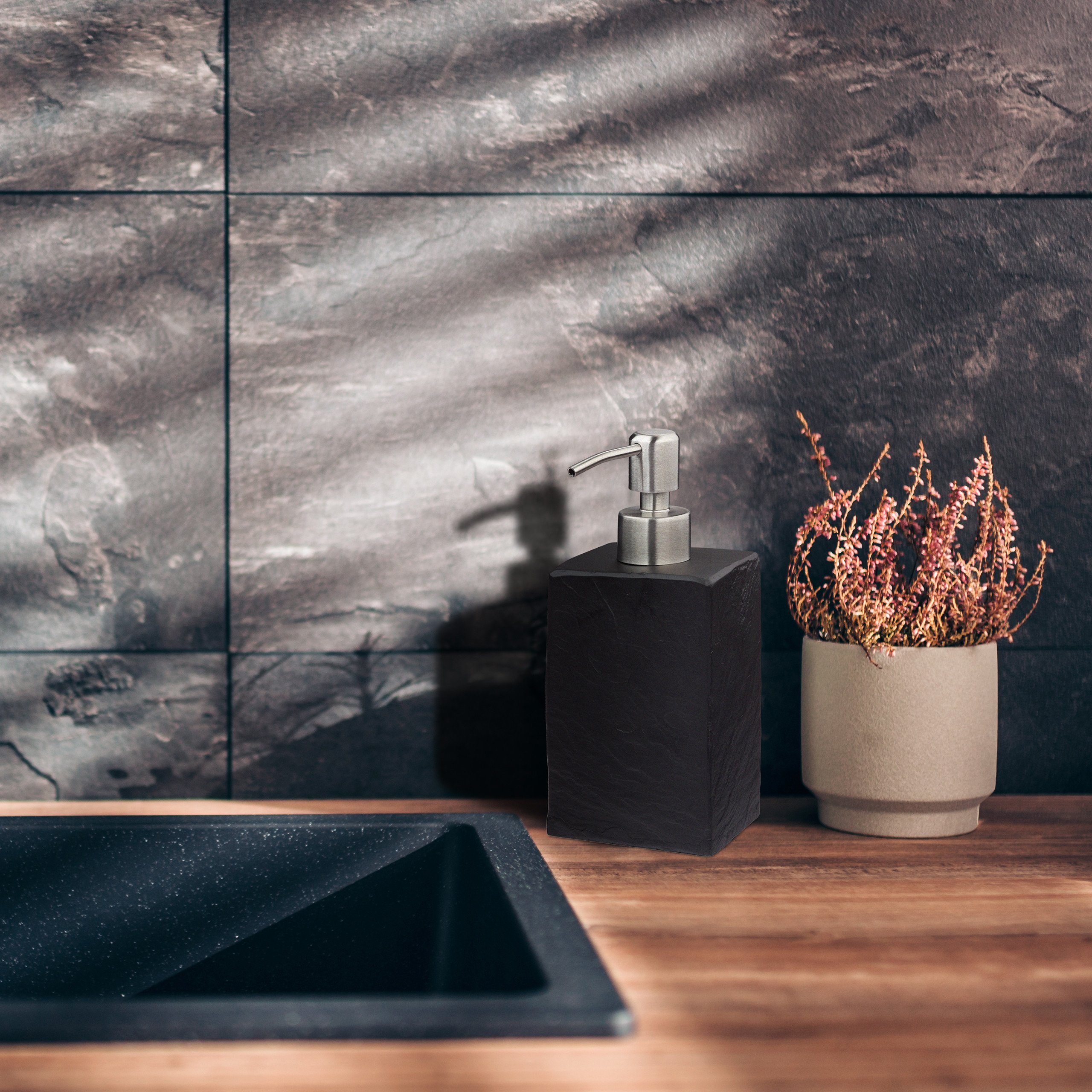 relaxdays Seifenspender Steinoptik eckig, schwarz günstig online kaufen