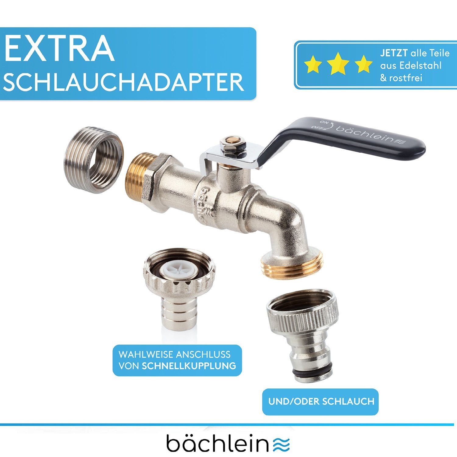 Bächlein Absperrventil Wasserhahn für den Garten - inkl. Adapter und PTFE-Tape