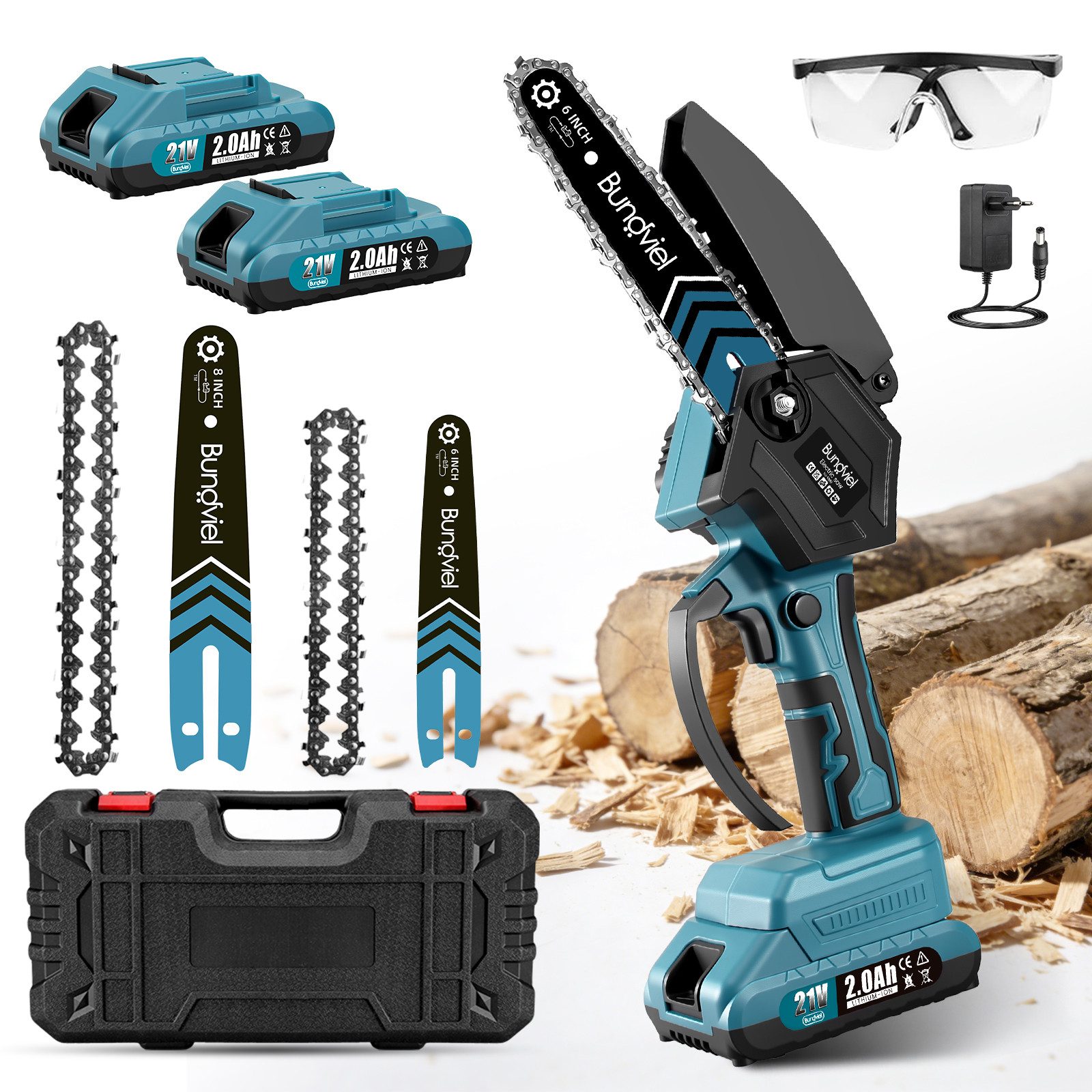 Bundviel Akku-Kettensäge 6+8 Zoll Elektro-Kettensäge 880W Bürstenloser Handkettensäge, Set, 2*2 AH akkus, 2 Führungsstange+2 Sägekette, Mehrfacher Sicherheitsschutz, für Garten Holz und Astscheren