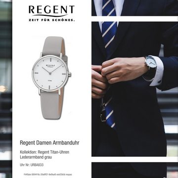 Regent Quarzuhr Regent Damen Titan-Armbanduhr Analog, (Analoguhr), Damen Armbanduhr rund, mittel (ca. 32mm), Lederarmband grau, Elegant
