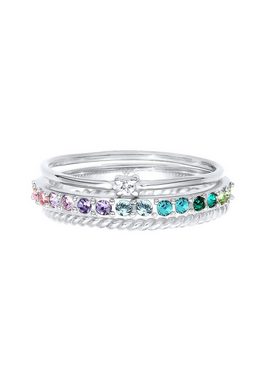 Elli Ring-Set Kristalle Farbig Regenbogen Set (3 tlg) 925 Silber, Ring Set