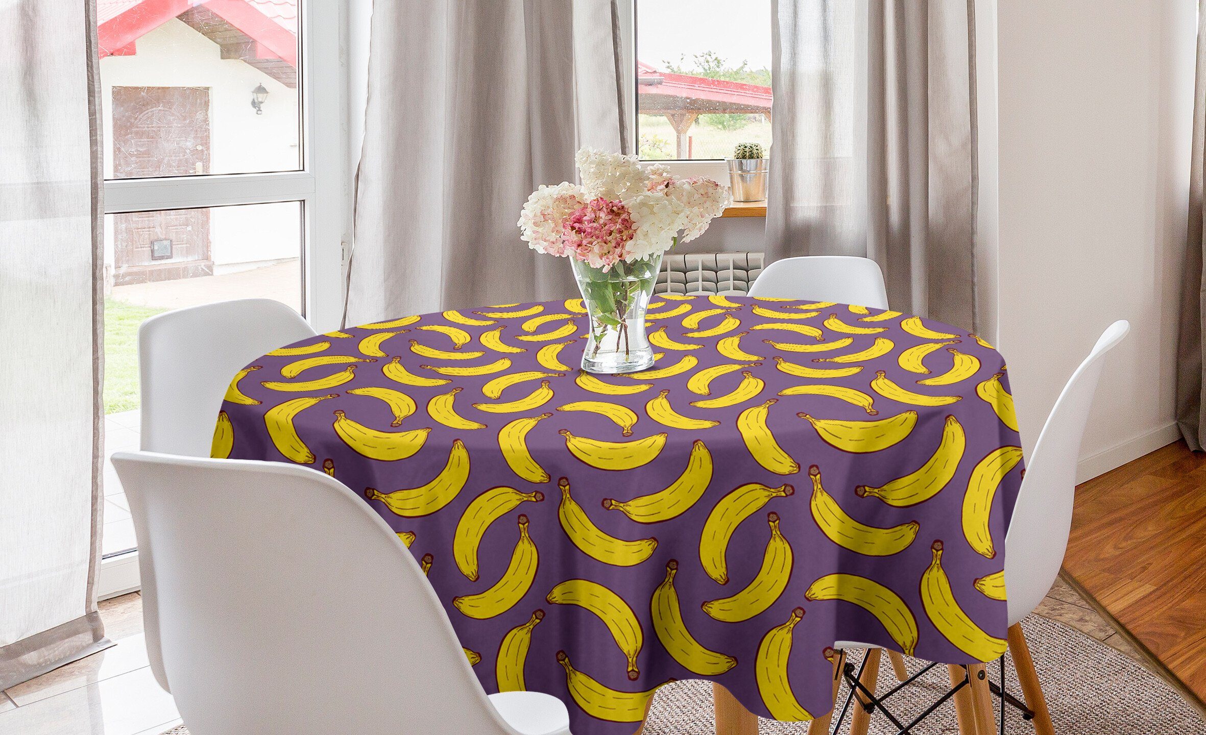 Abakuhaus Tischdecke Kreis Tischdecke Abdeckung für Esszimmer Küche Dekoration, Violett Cartoon Bananen-Frucht-Kunstwerk