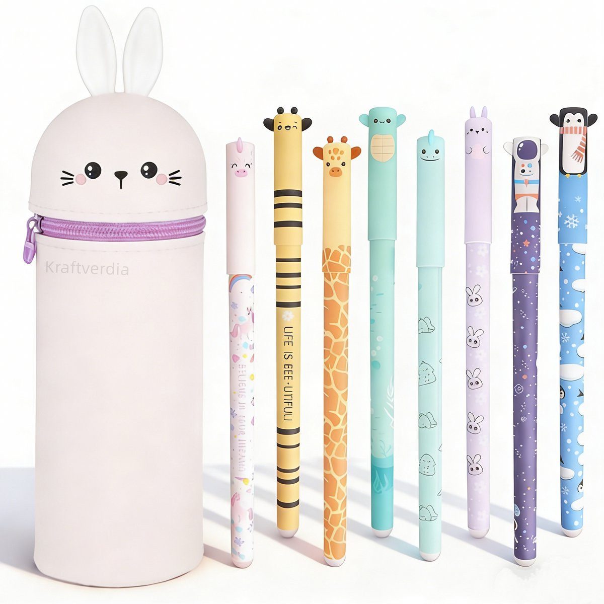 Kraftverdia Gelschreiber Radierbare Gelschreiber 8er-Set –Stiftetui mit Silikon-Etui, 0,6 mm