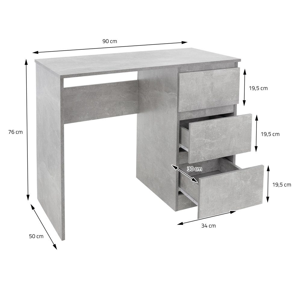 ML-DESIGN Schreibtisch Bürotisch mit 3 Schubladen Computertisch Arbeitstisch Laptoptisch, Homeoffice Büromöbel PC Tisch Beton-Optik 90x76x50 cm mit Stauraum – Bild 4 von 4