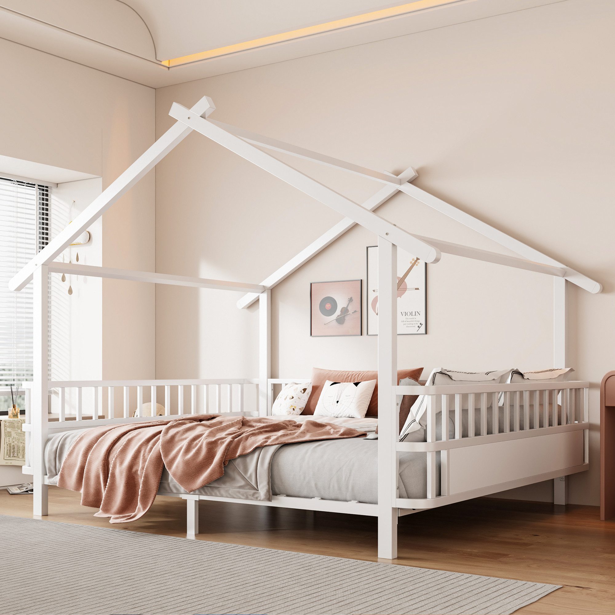 Odikalo Bettgestell Kinderbett Jugendbett Doppelbett 90/140×200 Ohne Matratze (Hausform mit Sicherheitsgitter Dachdesign und dekorativem Rahmen für Jungen und Mädchen(Ohne LED-Leuchten)