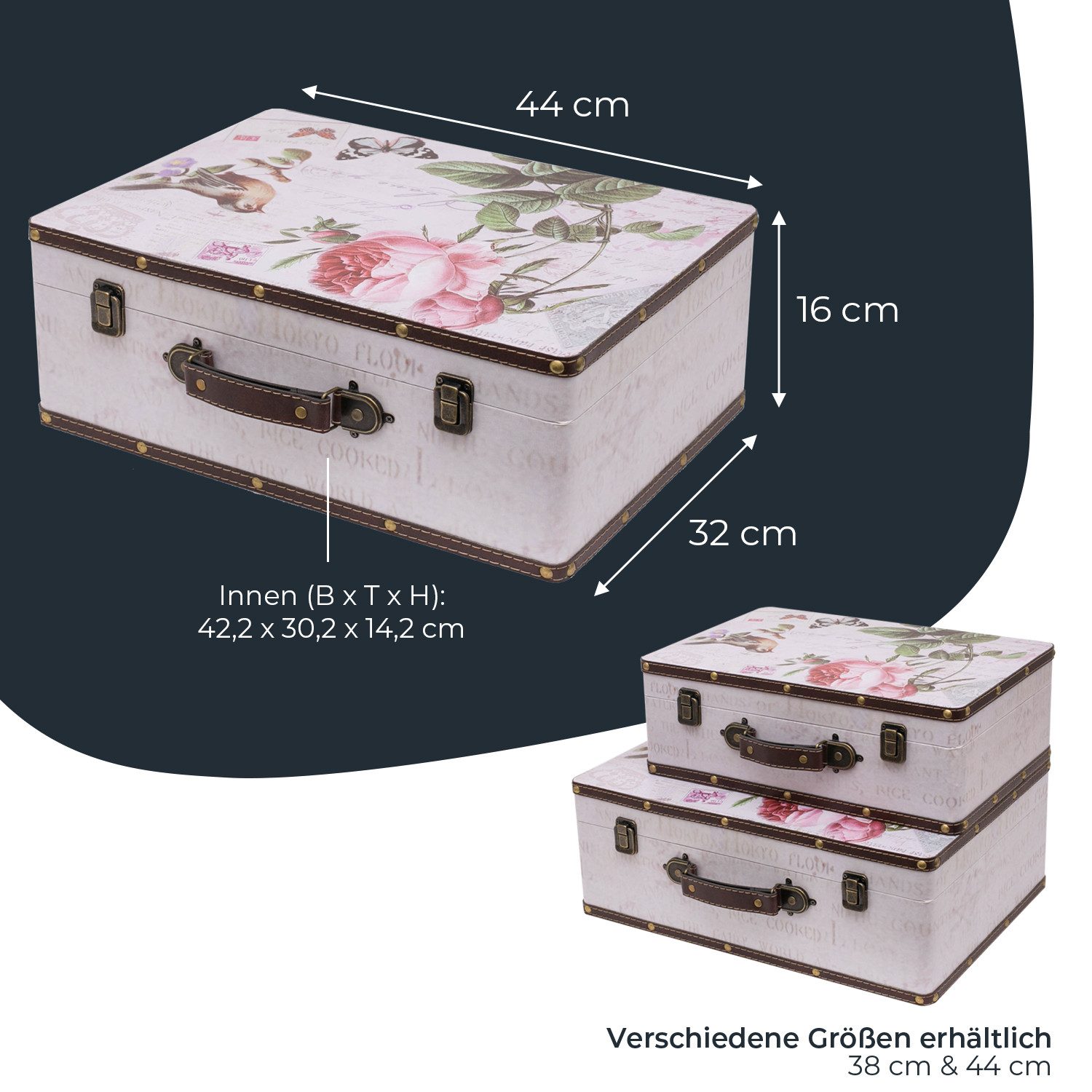 HMF Aufbewahrungsbox Vintage Koffer Holz, Aufbewahrungsbox mit Deckel und Ledergriff als, und Geschenkidee für Hochzeit oder Geburtstag, Rose, 44 x 32 x 16 cm – Bild 5 von 5