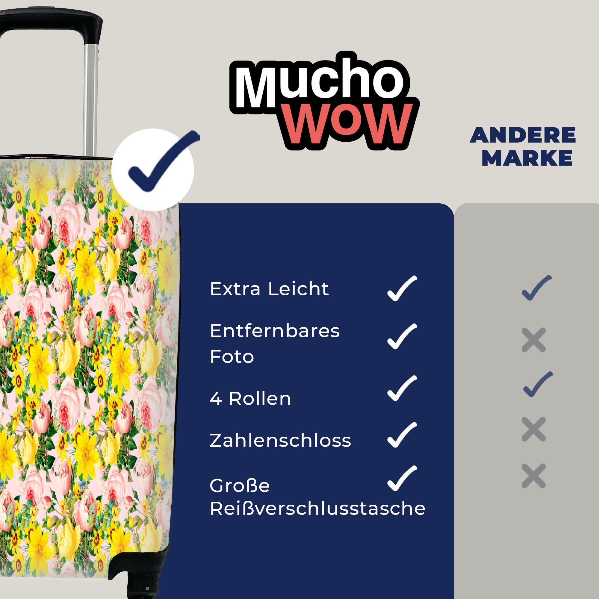MuchoWow Handgepäckkoffer Blumen - Rosen Handgepäck rollen, mit Muster, Reisetasche Trolley, für - Reisekoffer Ferien, Rollen, 4
