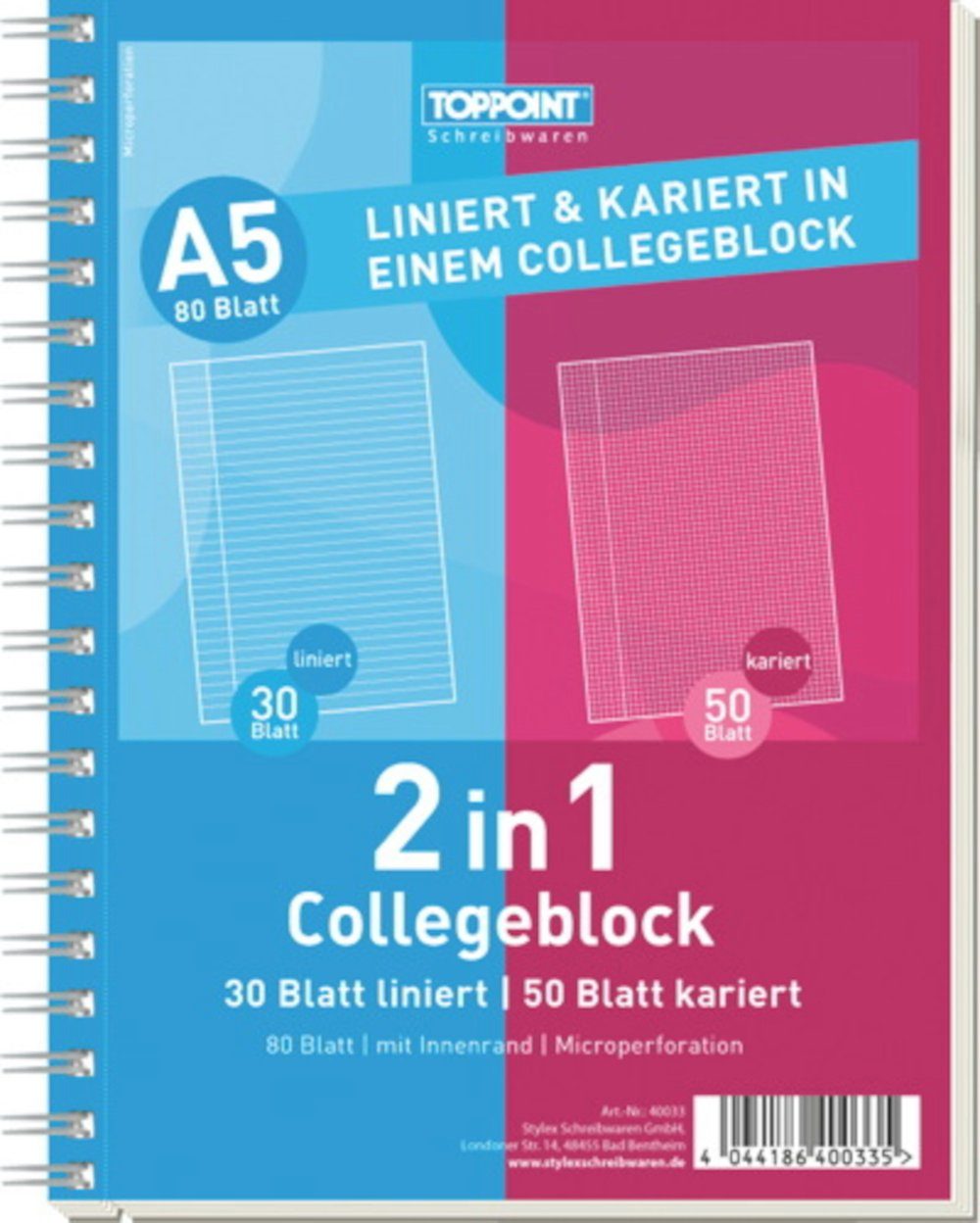 Stylex Schreibwaren Collegeblock Duo Collegeblock DIN A5 50 Bl. kariert 30 Bl liniert