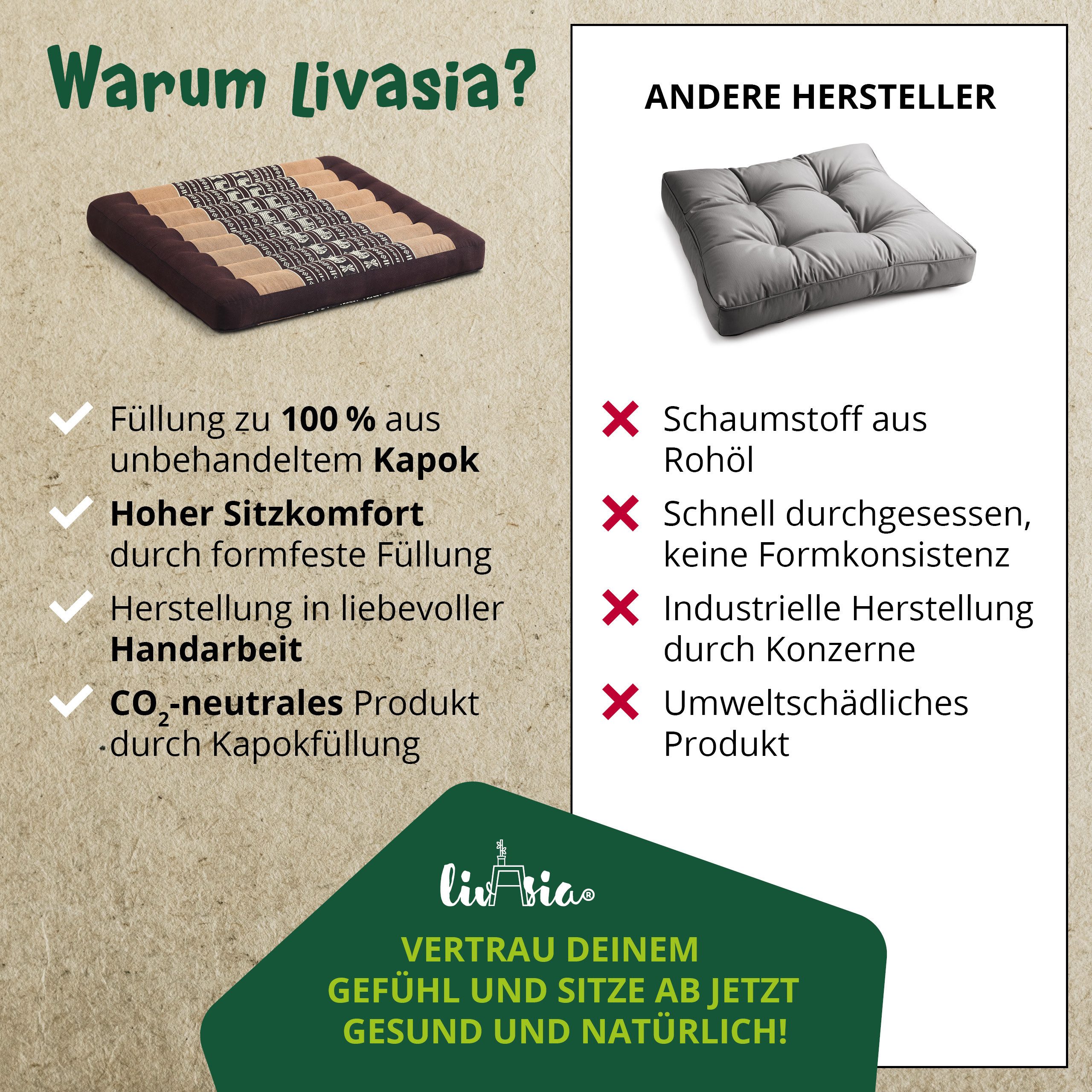 livasia Sitzkissen Sitzkissen 50 cm, vegan und handgefertigt, 50x50x6cm, Kapok – Bild 5 von 5