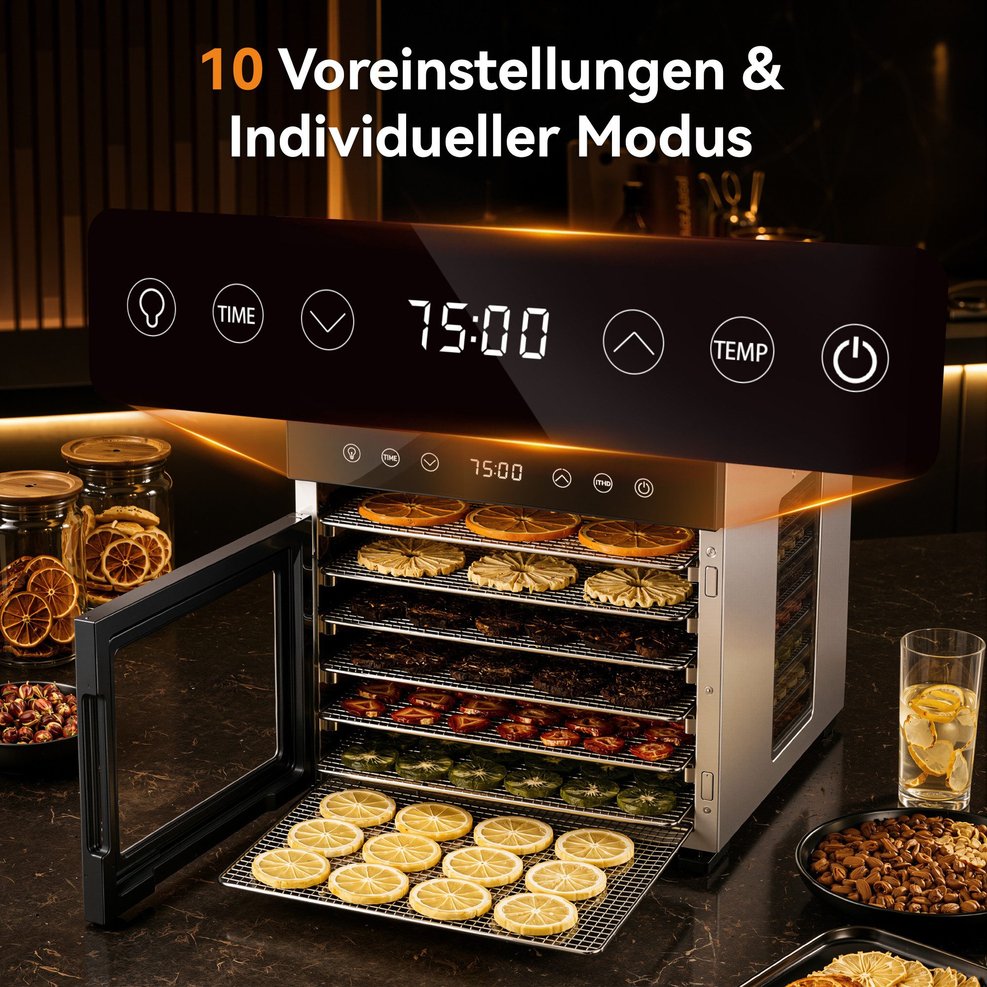 Furnicopia Dörrautomat Edelstahl Lebensmitteltrockner – 10 Tabletts, 48h, 850W 650 W, 8 Etagen, 360°-Umluft, 24-h-Warmhalten, für Obst, Jerky u. a., inkl. Rezep – Bild 4 von 5