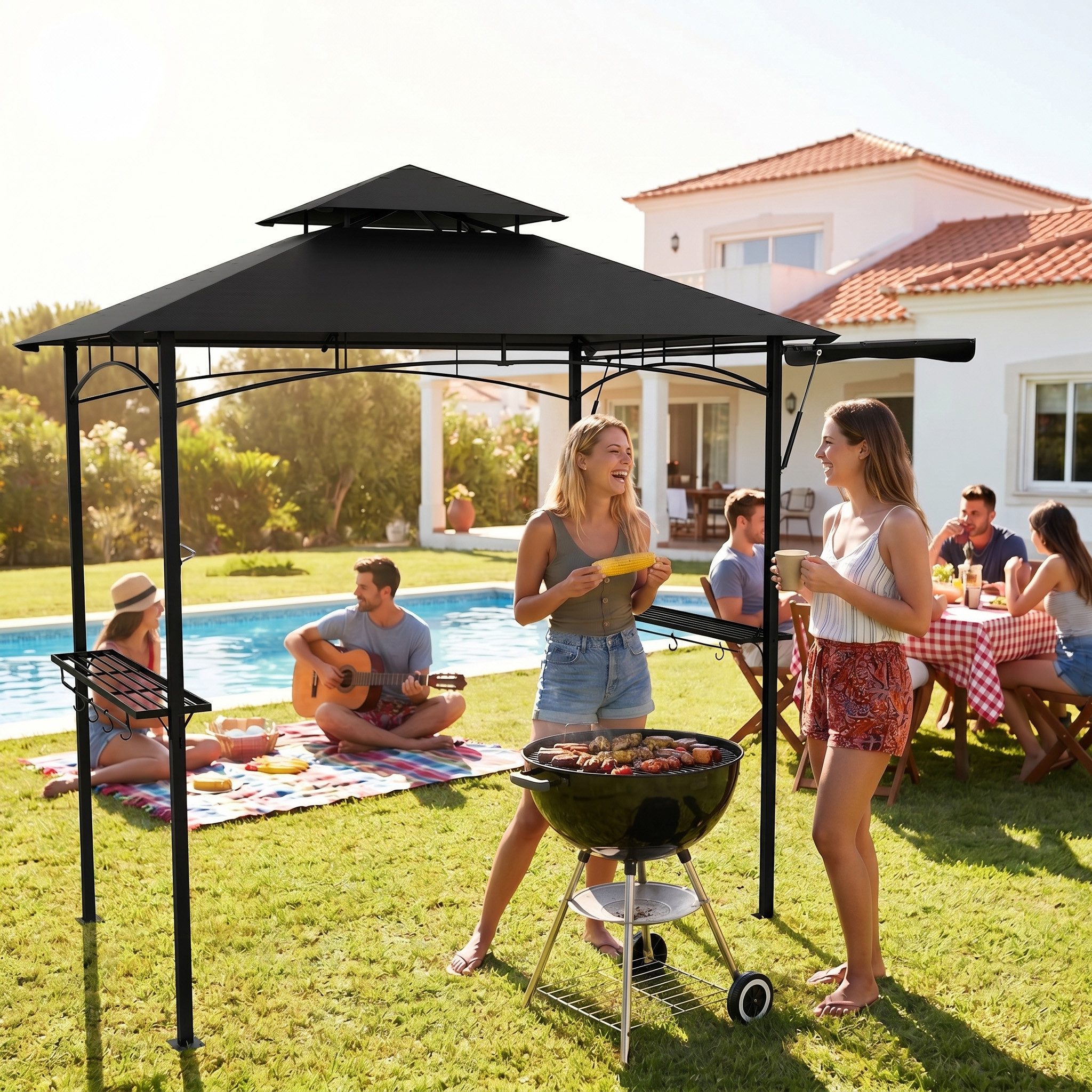 FIVMEN Grillpavillon mit seitlicher, Doppeldach Seitenablage Garten BBQ Pavillon, Grillunterstand für Terrasse stabiler Stahlgestell 245x141x253cm