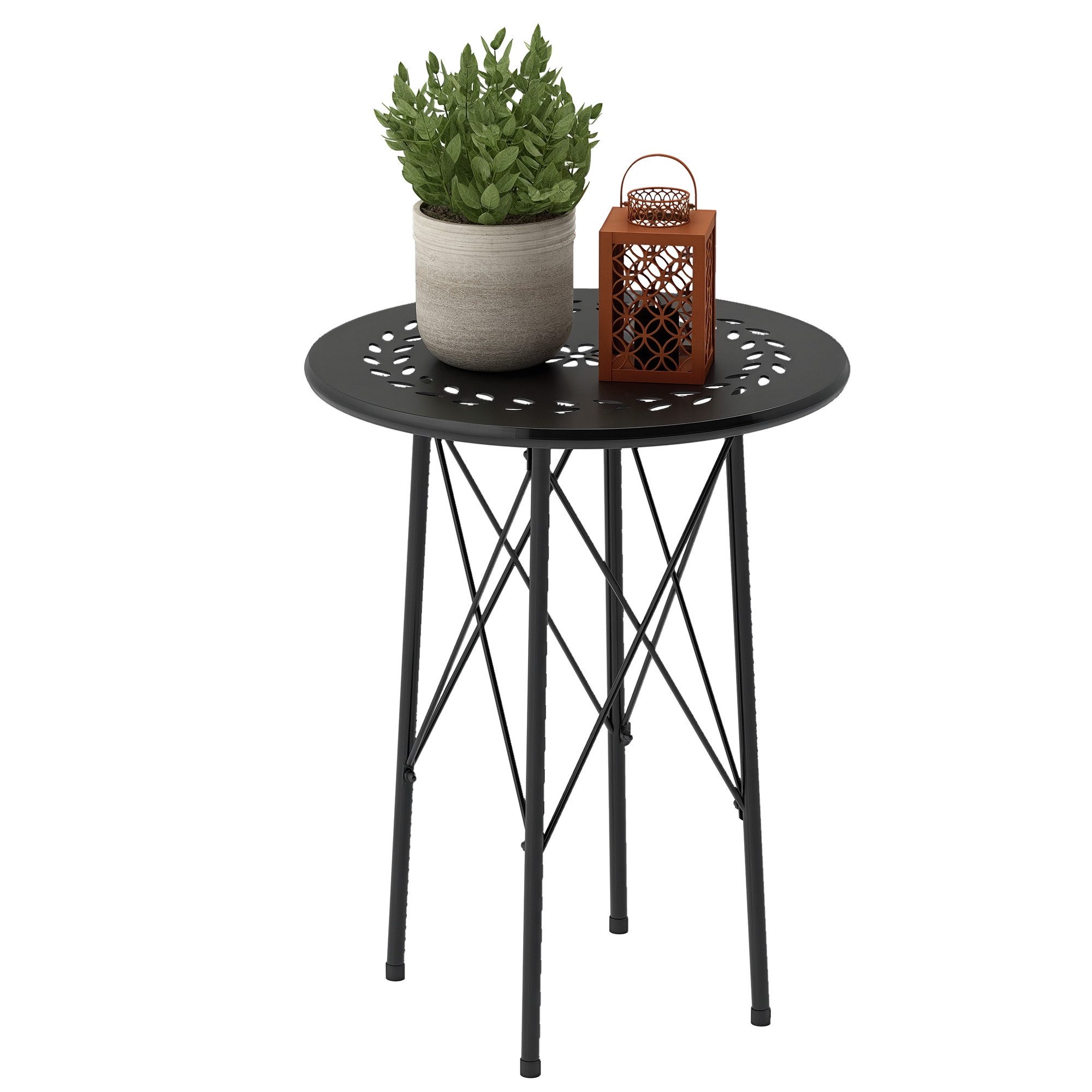Outsunny Gartentisch Ø40 x 50cm, aus Stahl, mit Blumendesign, Schutzfüße (klappbar Terrassentisch, 1-St., Wetterfest Balkontisch), für Garten, Terrasse, Balkon, Schwarz