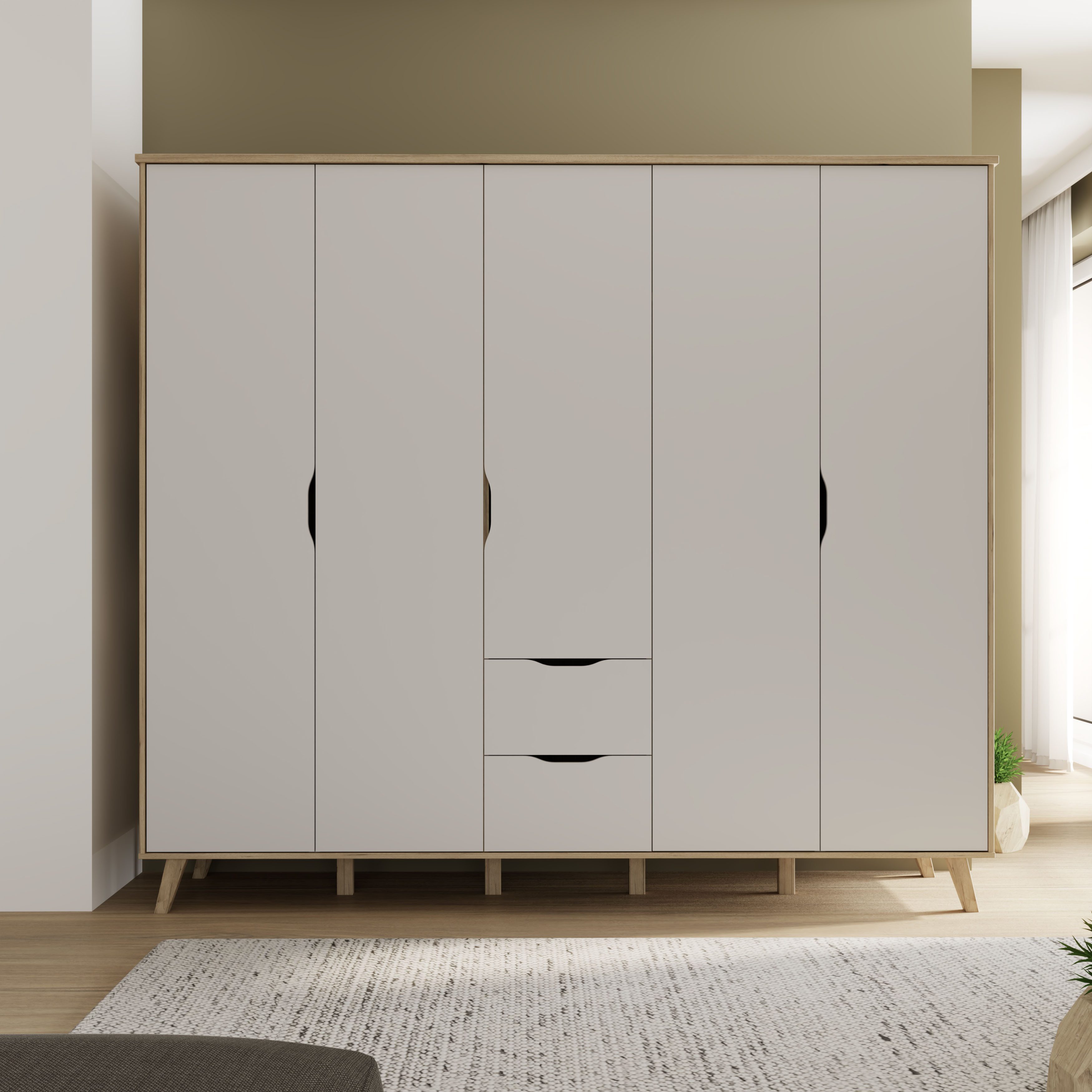 FORTE Kleiderschrank Vankka, Drehtürenschrank, Viel Stauraum, skandinavischer Stil Made in Europe, mit Einlegeböden+Kleiderstangen+Schubladen,grifflos
