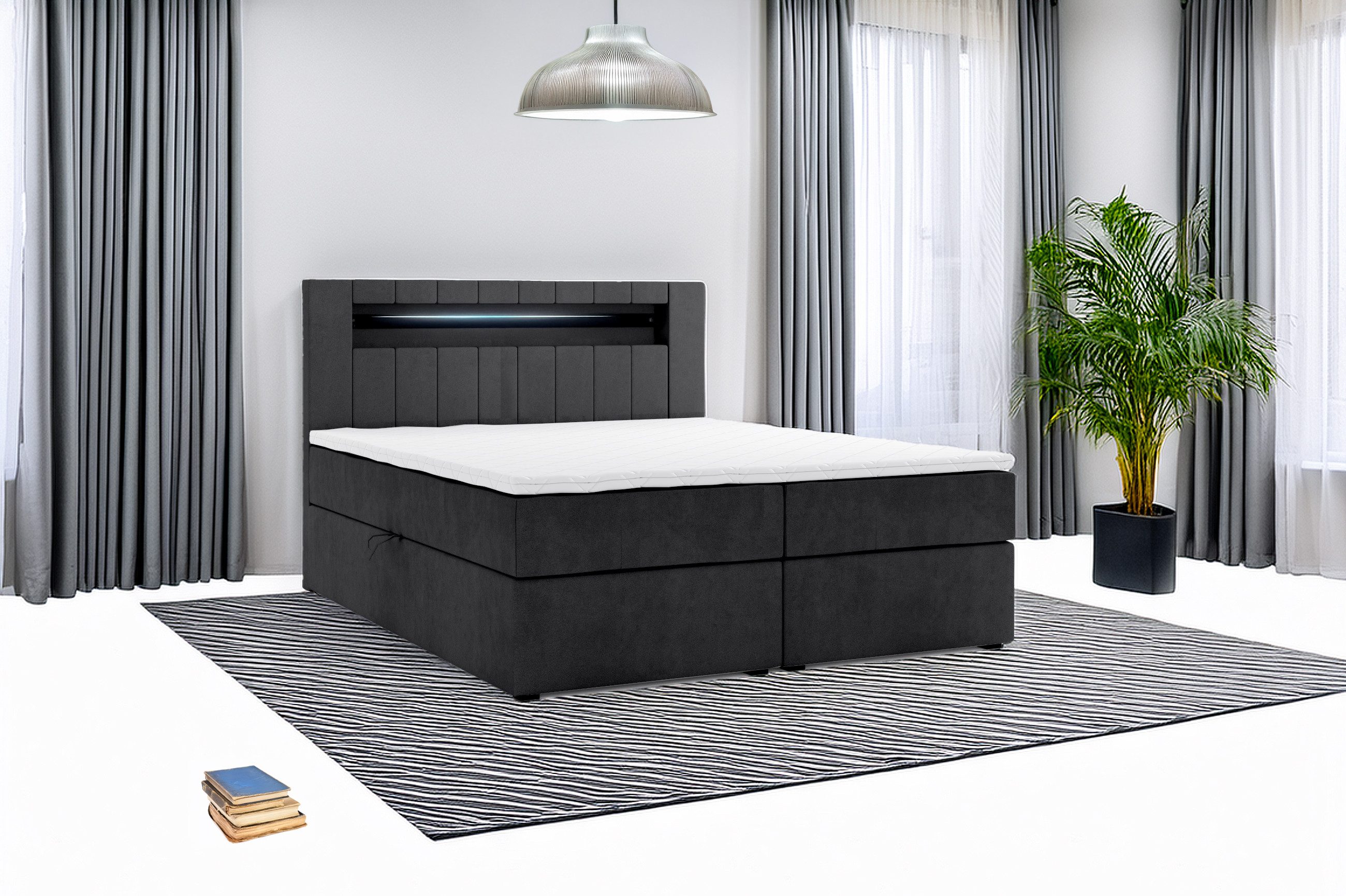M-Punkt24 Boxspringbett Kuba (180 x 200 cm, Schwarz, LED Beleuchtung, VISCO günstig online kaufen