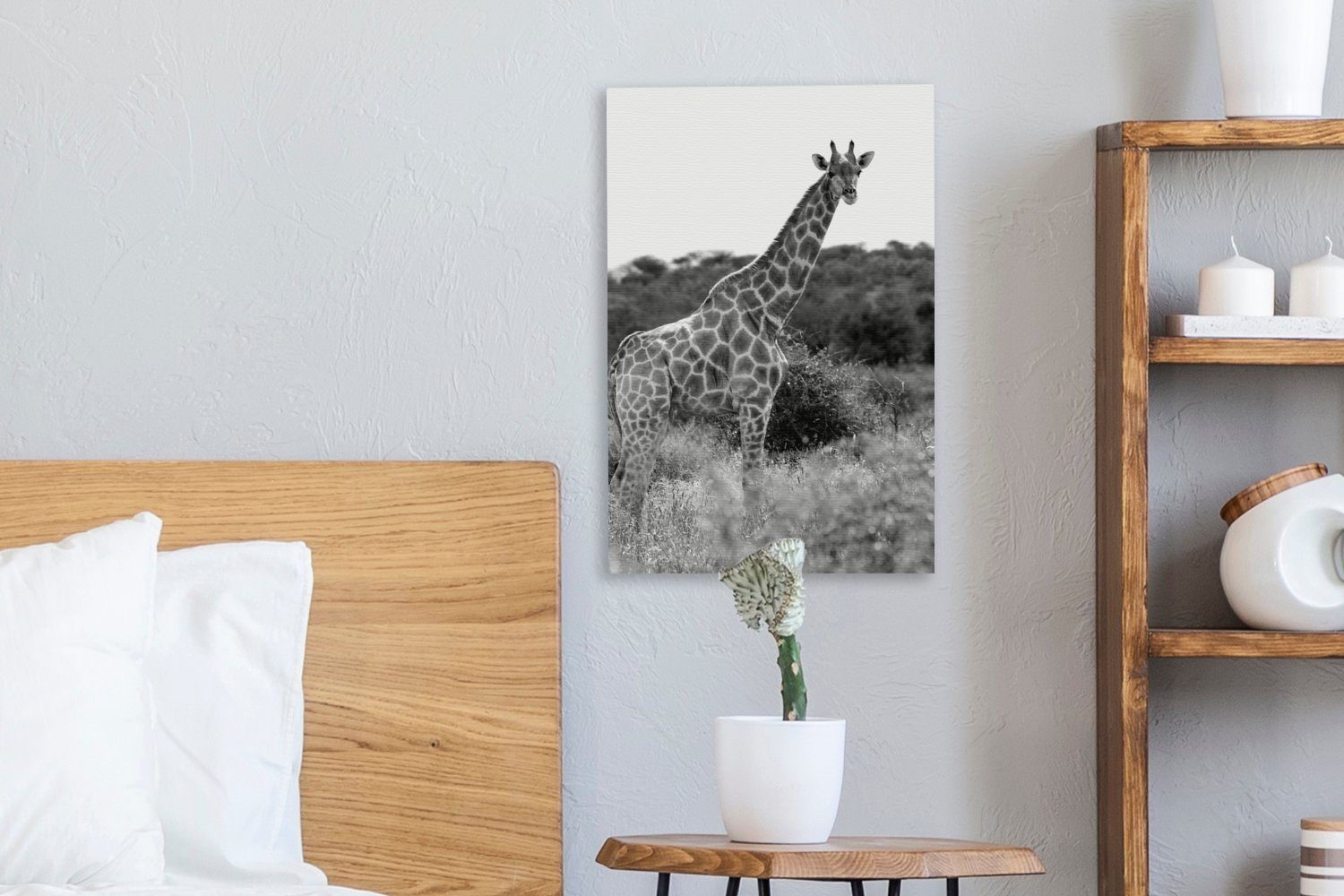 Giraffe fertig Leinwandbild Leinwandbild (1 Natur 20x30 in - OneMillionCanvasses® Gemälde, weiß, inkl. und Zackenaufhänger, bespannt der cm St), schwarz