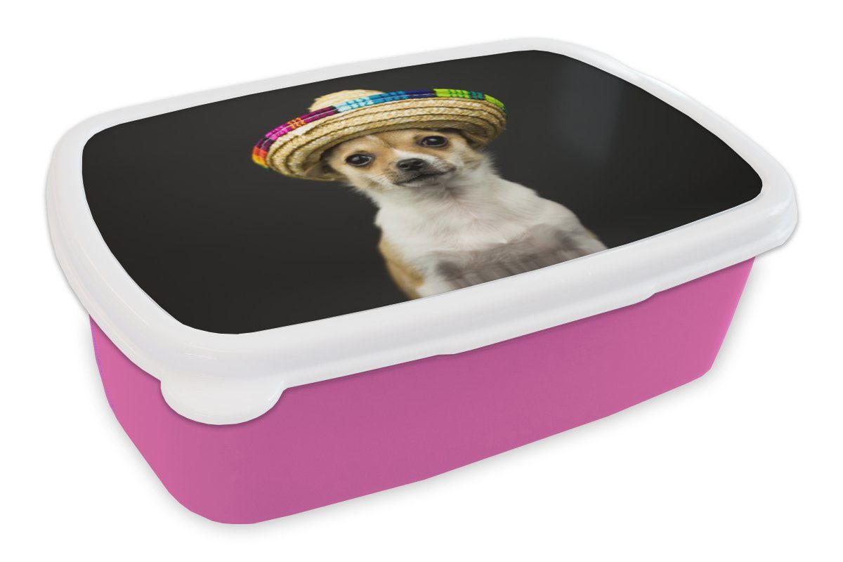MuchoWow Lunchbox Hund - Sombrero - Schwarz, Kunststoff, (2-tlg), Brotbox für Erwachsene, Brotdose Kinder, Snackbox, Mädchen, Kunststoff rosa