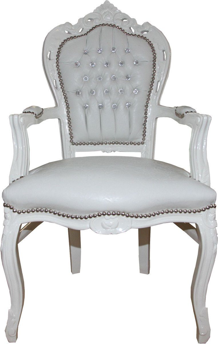 Casa Padrino Esszimmerstuhl Barock Esszimmer Stuhl mit Armlehnen weiß / weiß Croco Lederoptik mit Bling Bling Glitzersteinen