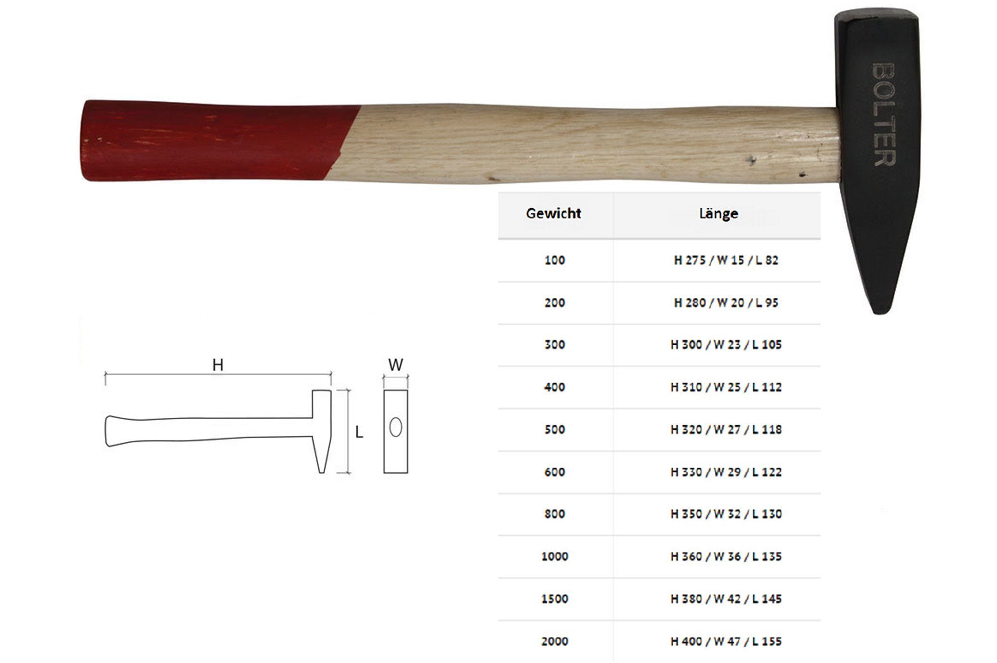 Bolter Hammer Schlosserhammer mit Holzstiel 200 gr.