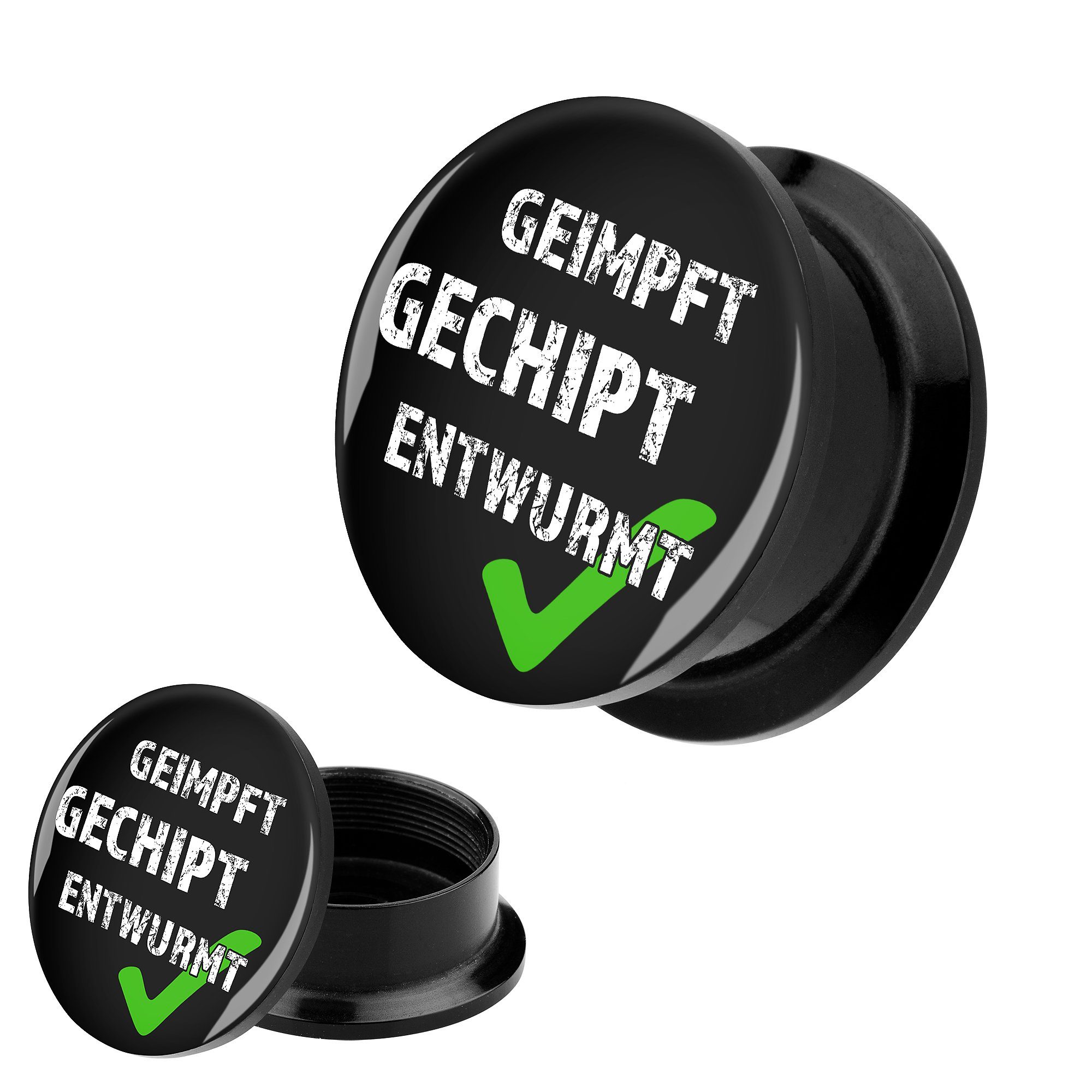 Taffstyle Plug Picture Plug Piercing mit Spruch Geimpft Gechipt Entwurmt Schwarz 6mm, Ohrpiercing Ohr Ear Flesh Tunnel Plug Piercing