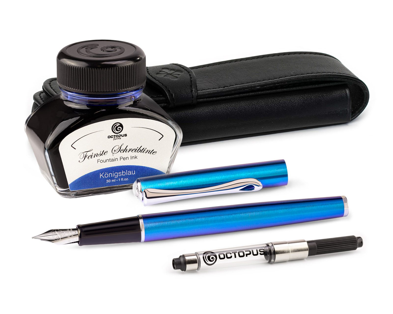 OCTOPUS Füllhalter Set Diplomat Traveller Funky Blue mit Lederetui, Schreibtinte Stärke M, mit Lederetui, Zierelemente: Chrom