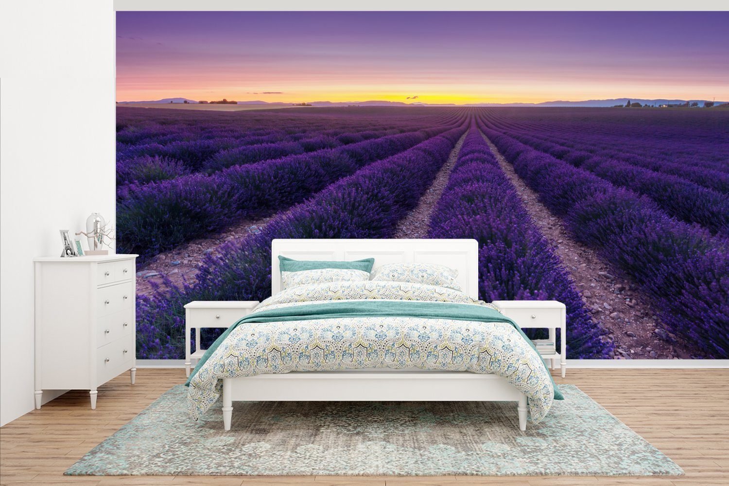 MuchoWow Fototapete Lila Himmel über Reihen in einem Lavendelfeld, Matt, bedruckt, (7 St), Vliestapete für Wohnzimmer Schlafzimmer Küche, Fototapete