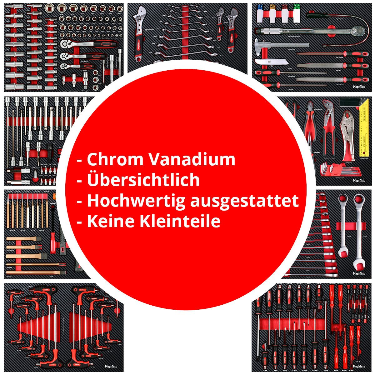 Mephisto-Tools Інструментwagen, (fertig montiert und bestückt), 9 abschließbare Schubladen, Інструмент ist aus hochwertigem CRV