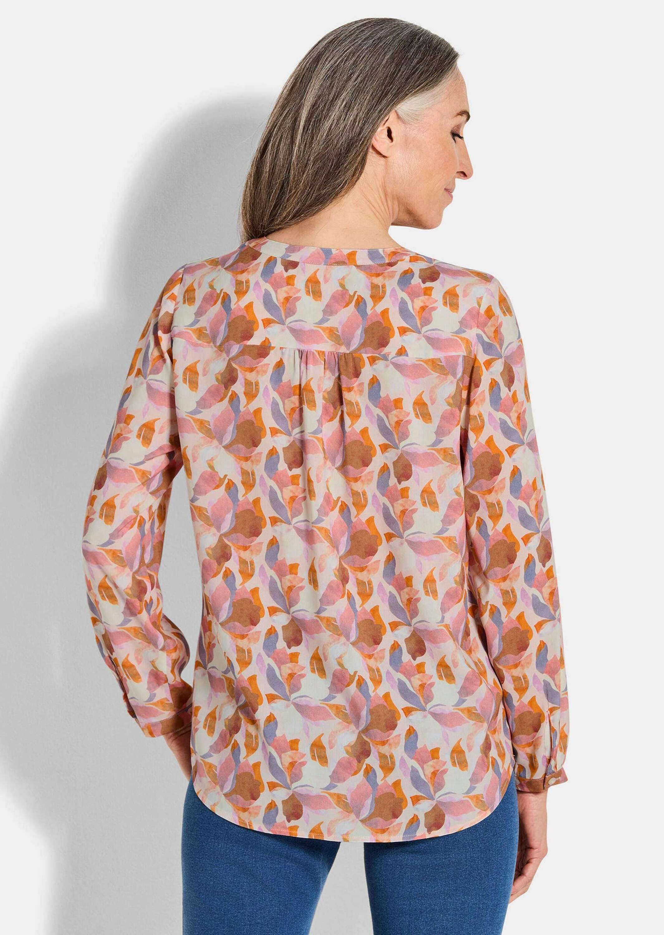 GOLDNER Schlupfbluse Florale Druckbluse mit V-Ausschnitt Viskosebluse mit Seitenschlitzen und Langarm