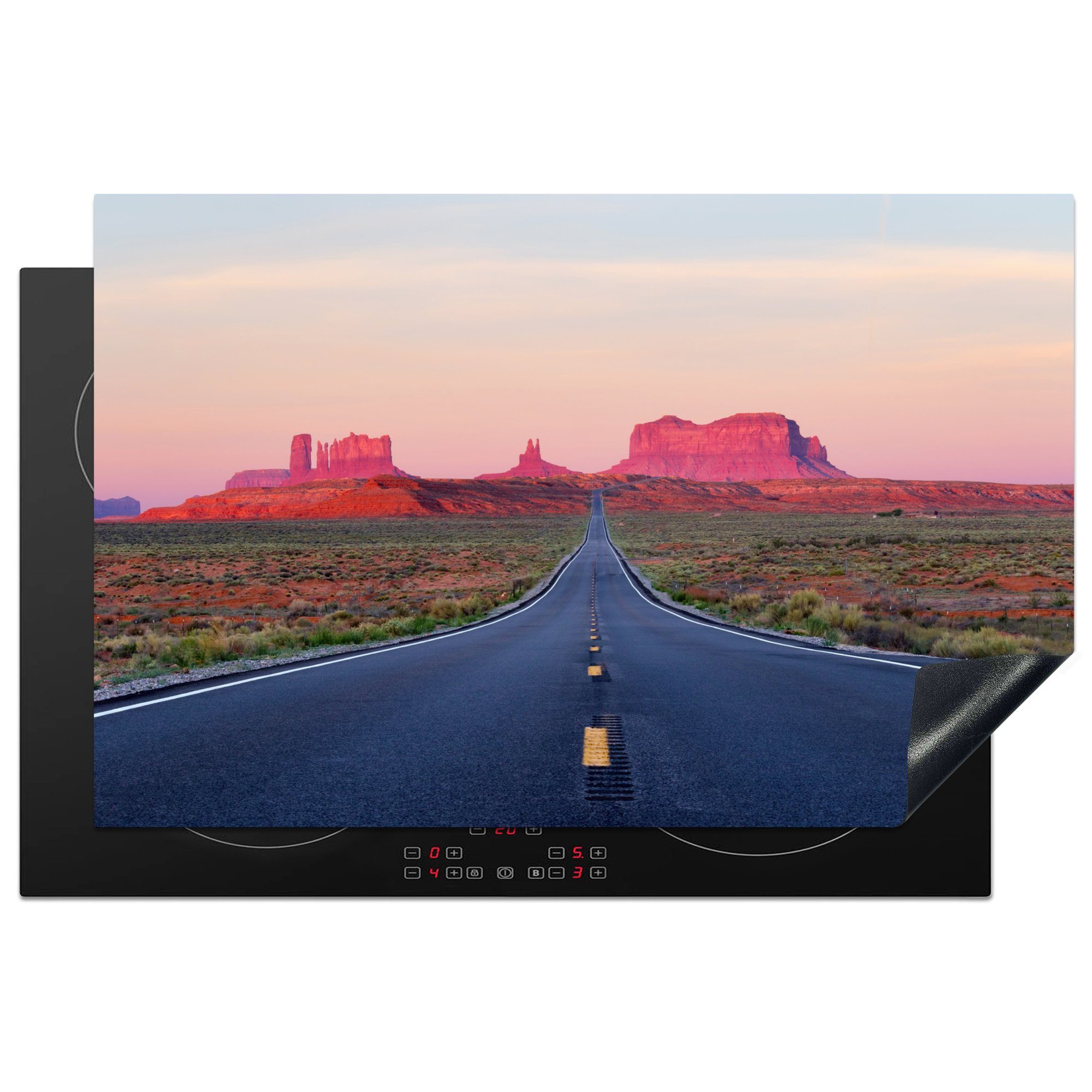 MuchoWow Herdblende-/Abdeckplatte Straße zum Monument Valley bei Sonnenaufgang, Arizona, USA, Vinyl, (1 tlg), 81x52 cm, Induktionskochfeld Schutz für die küche, Ceranfeldabdeckung