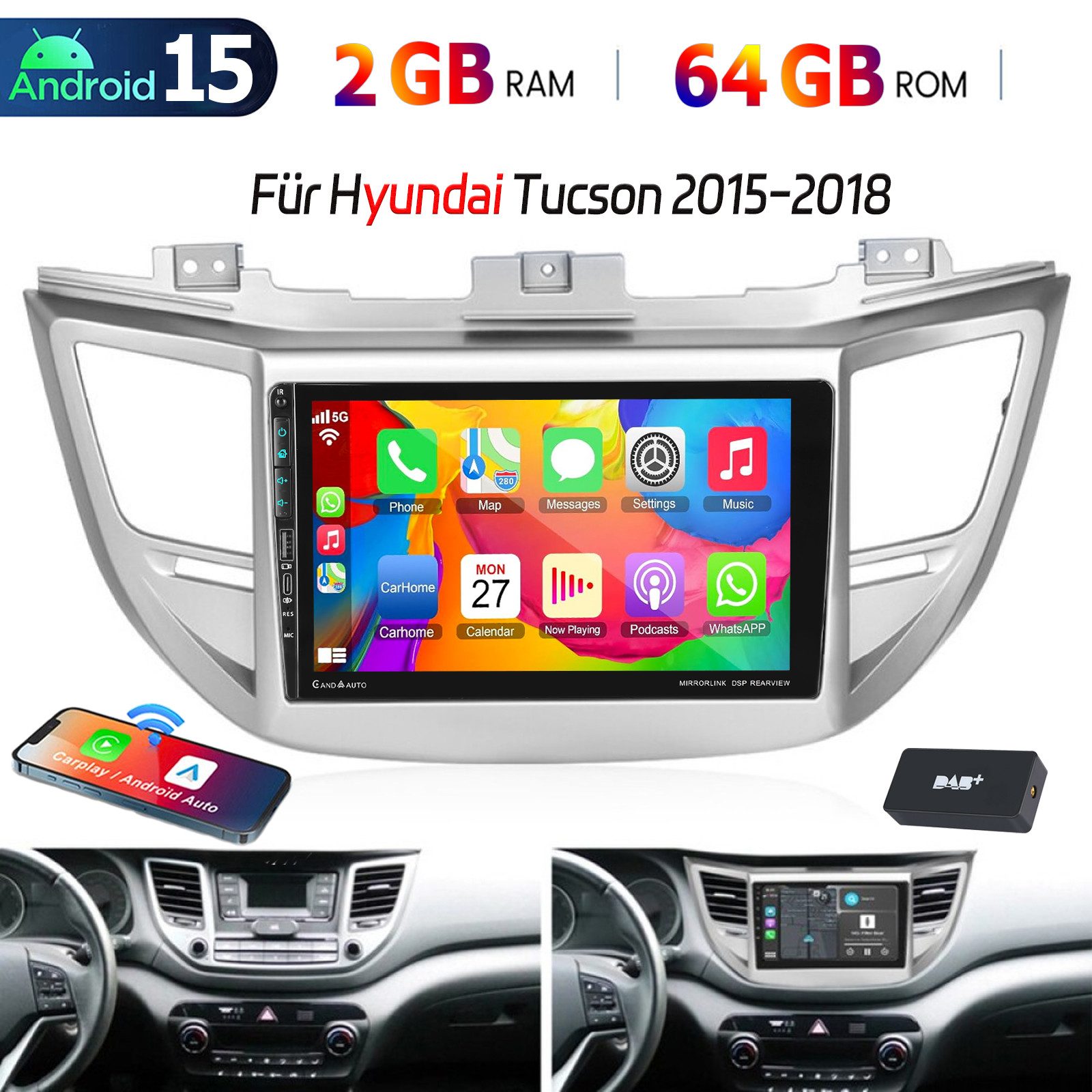 ESSGOO DAB+ Carplay autoradio bluetooth Android 15 Für Hyundai Tucson 2015-18 Autoradio (4+64GB(optional), DAB+ (optional), RDS, AM, FM, Carplay Android Auto Bluetooth EQ USB GPS Navi WIFI Touchscreen)
