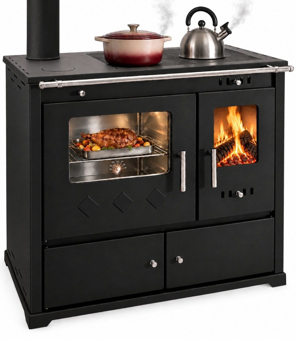 Prometey Festbrennstoffherd XL-Küchenofen PR LUX INOX schwarz links mit Edelstahlbackfach, 9,4 kW