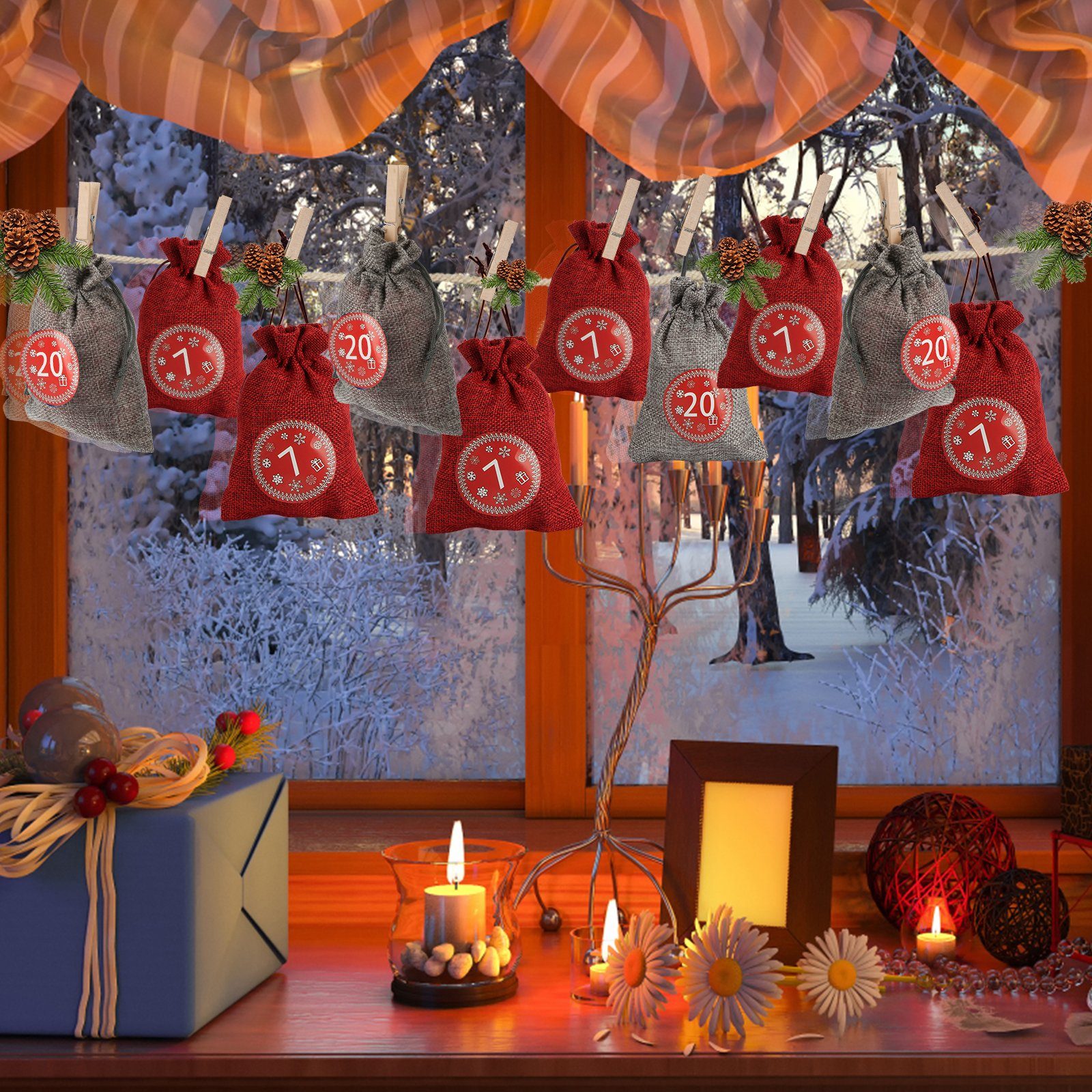Rot/Grau naturleinen Weihnachtskalender zum und Tannenbaum Säckchen Beutel, aus Jutesäckchen ist angenehmen kleine befüllen stoff Clanmacy waschbar Christbaumschmuck