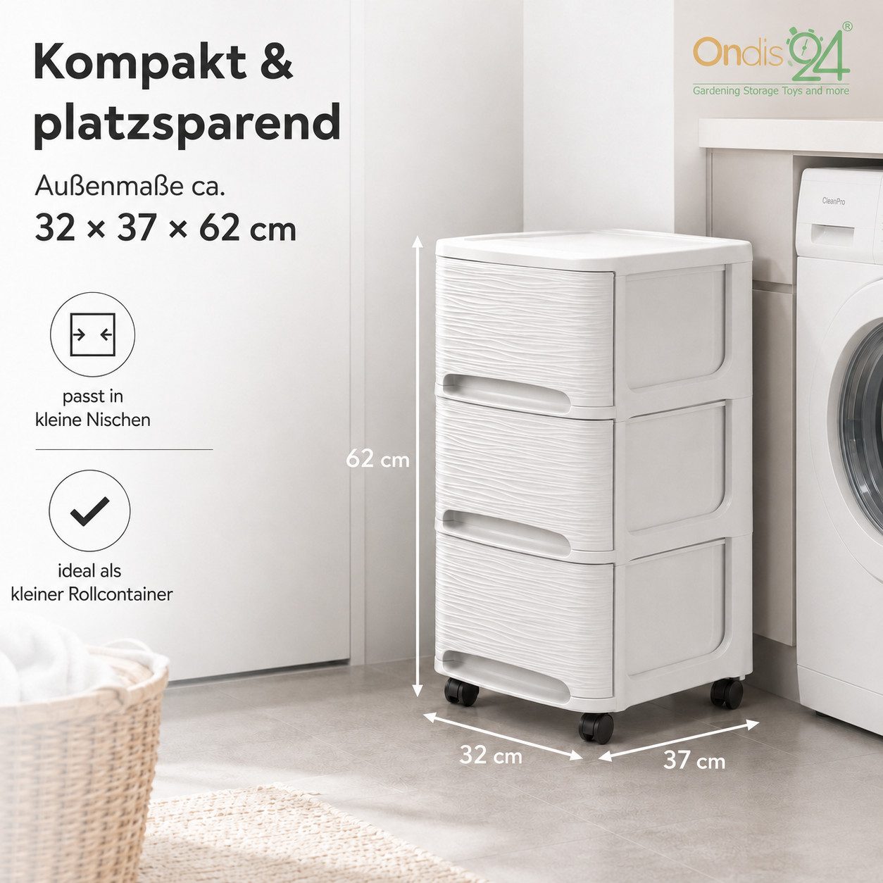 ONDIS24 Rollwagen Schubladenturm Tour Stone Schubladenschrank mit Rollen 3 Schubladen, in Steinoptik