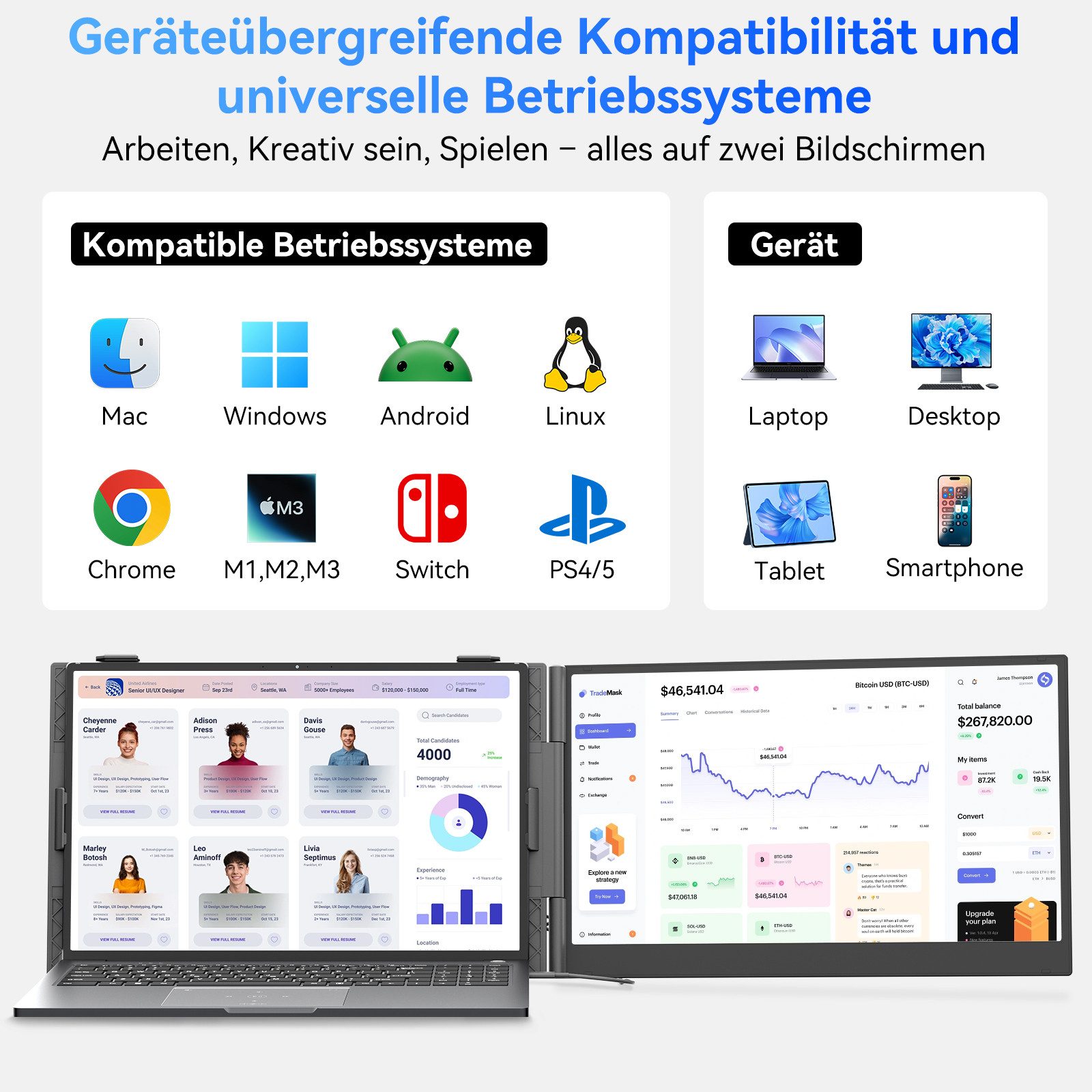 blackview 15.6 Zoll FHD Laptop-Bildschirm-Extender, LCD, IPS, 1920x1200 Portabler Monitor (1920x1200 px, Full HD, IPS, 800g, 180°, 14-17,3 Zoll & Windows/Mac/Android/Chrome-Kompatibilität)
