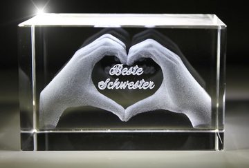 VIP-LASER Dekofigur 3D Glasquader I Herz aus Händen mit Gravur I Text: Beste Schwester!, Hochwertige Geschenkbox, Made in Germany, Familienbetrieb