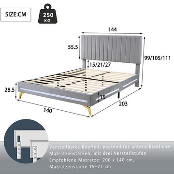NMonet Polsterbett Doppelbett 140x200cm (Verstellbarem Kopfteil), mit LED-Leuchten und Lattenrost, Samtstoff, Jugendbett