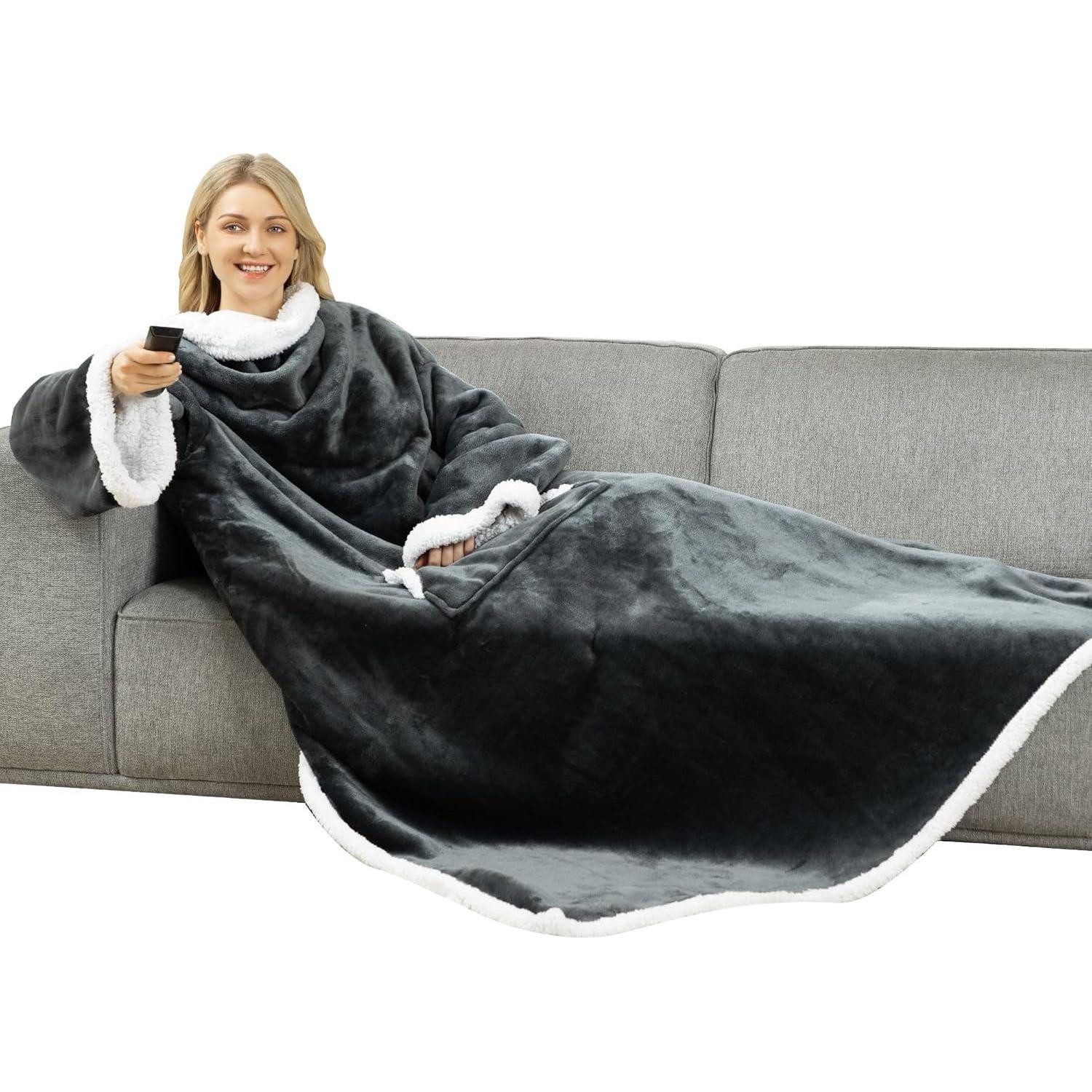 Wolldecke Kuscheldecke Ärmel Tasche Warm Flanell Flauschig Grau 140x180cm, LuxusKollektion