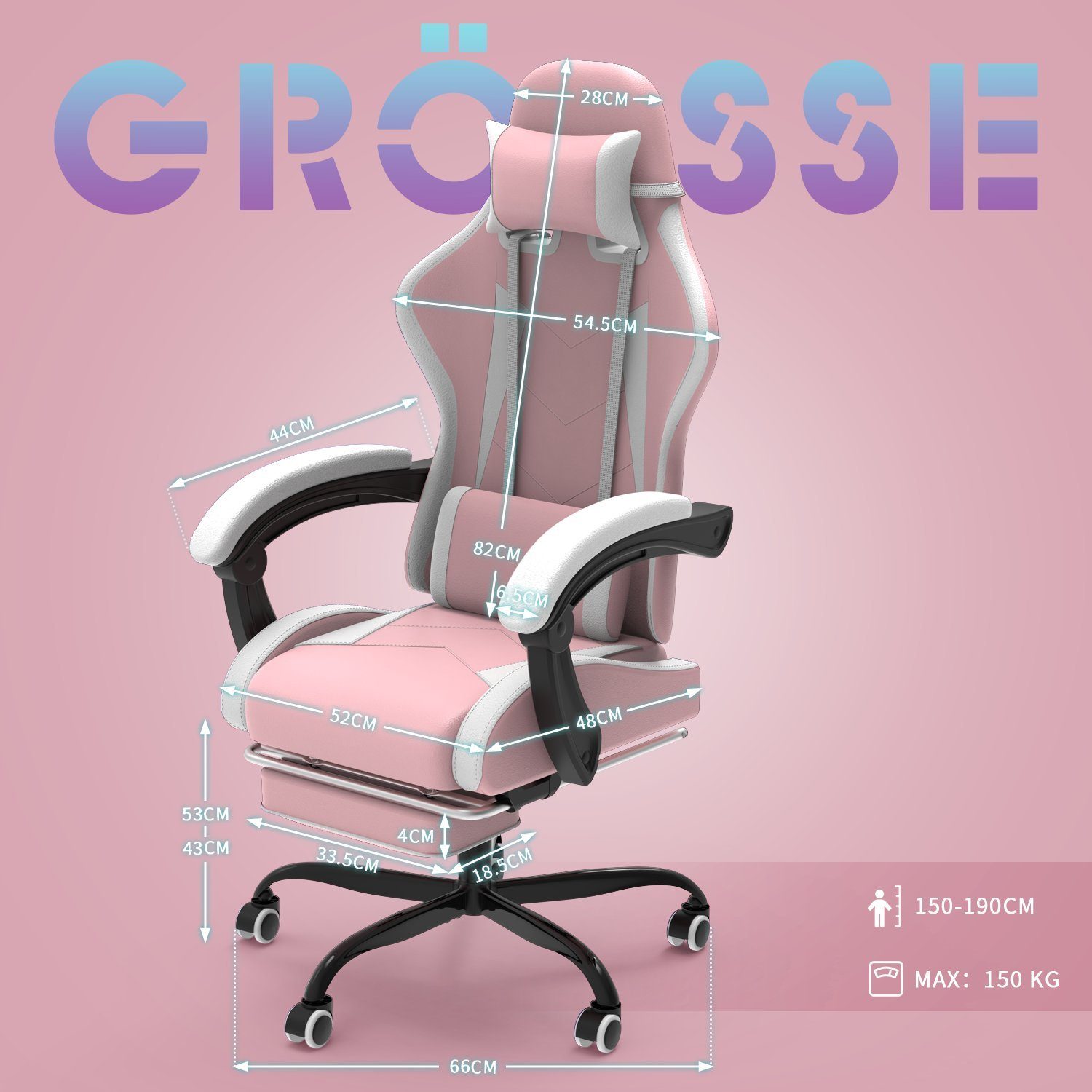 einstellbar Fußstütze, Rückenlehne GUNJI Stuhl Gaming 90-135° Rosa Chair mit Massage Gaming
