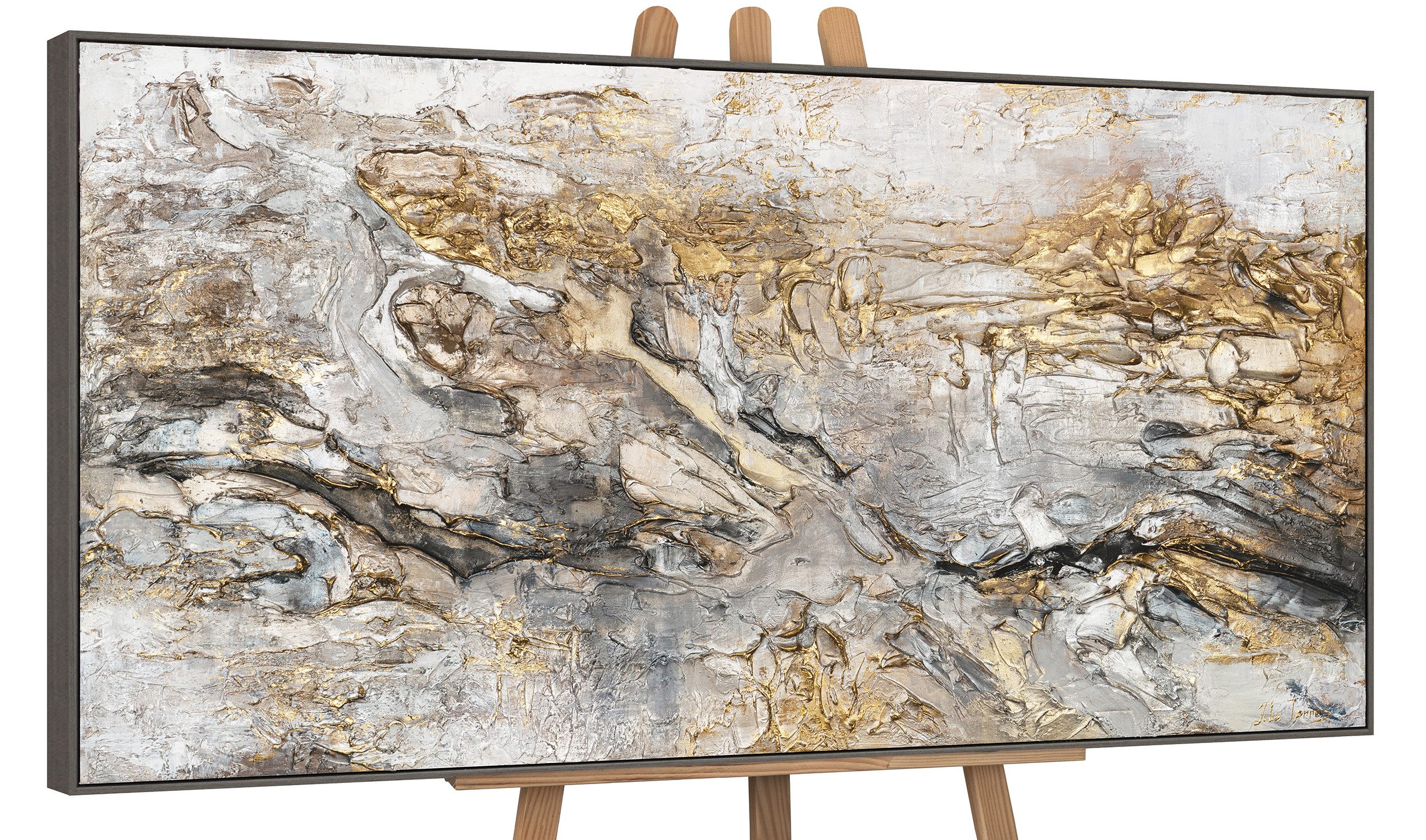 YS-Art Gemälde Klassik, Schwarz Weiß Gold auf Leinwand Bild Handgemalt Abstrakt mit Rahmen