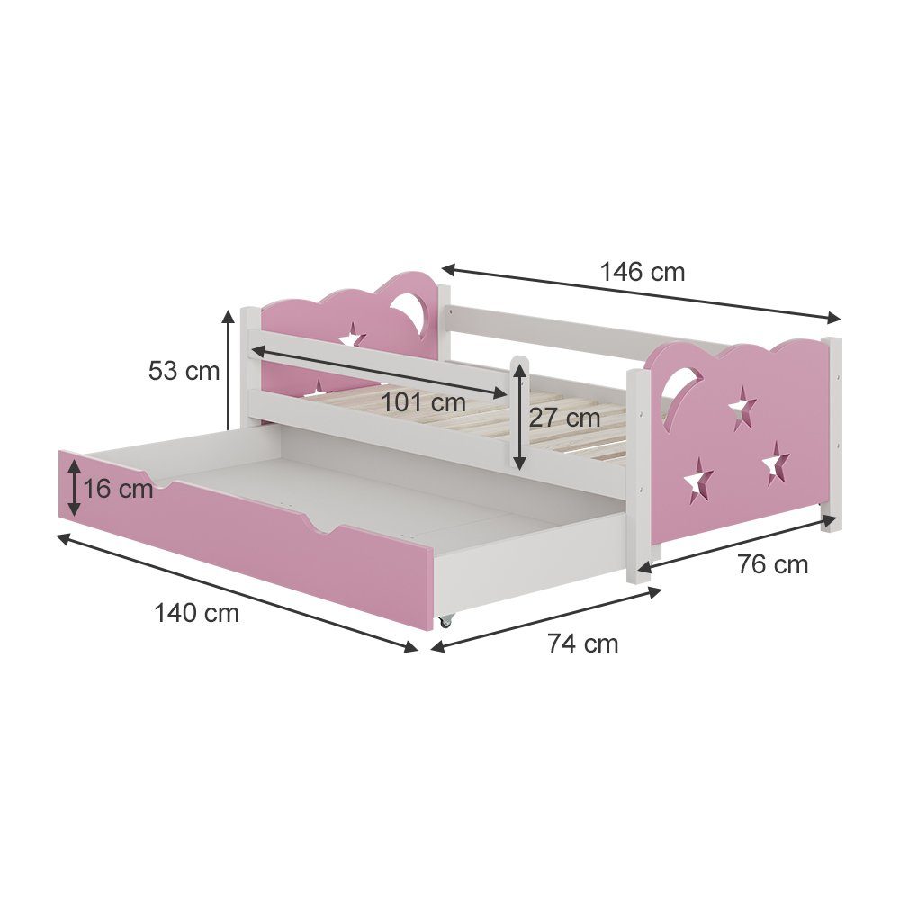 VitaliSpa® Kinderbett Jessica, Rosa/Weiß, 70x140 cm mit Schublade, ohne Matratze (2-tlg), Fade Resistant